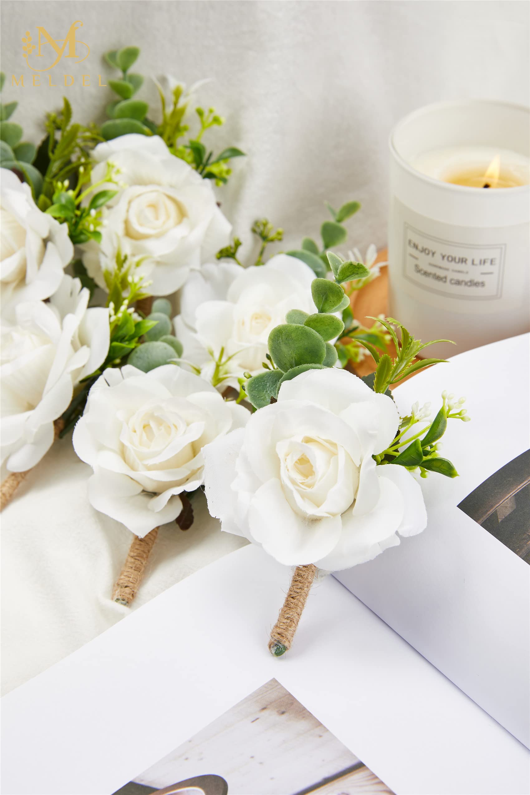 Meldel Ivory White Rose Boutonnieres For Men Wedding, Set Of 2, Artificial Corsage For Prom, Groom And Groomsmen Boutonniere For