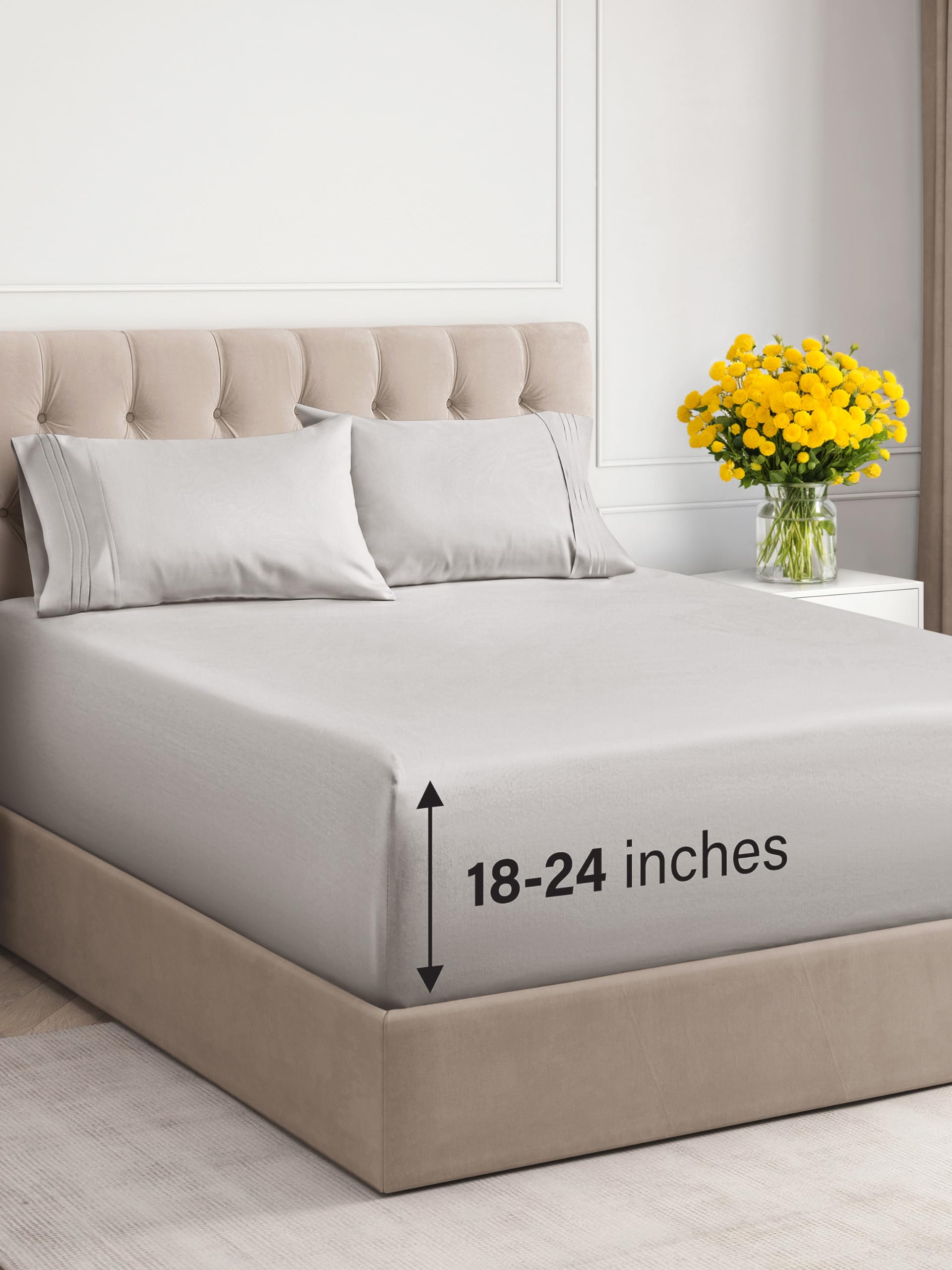 Extra Deep Queen 4 Piece Bedding Sheet Set - Breathable & Cooling - Hotel Luxury Bed Sheets Set - Easy Fit - Soft, Wrinkle Free & Comfy Light Grey Bedding Sheets - Extra Deep Pockets Bed Sheet Set