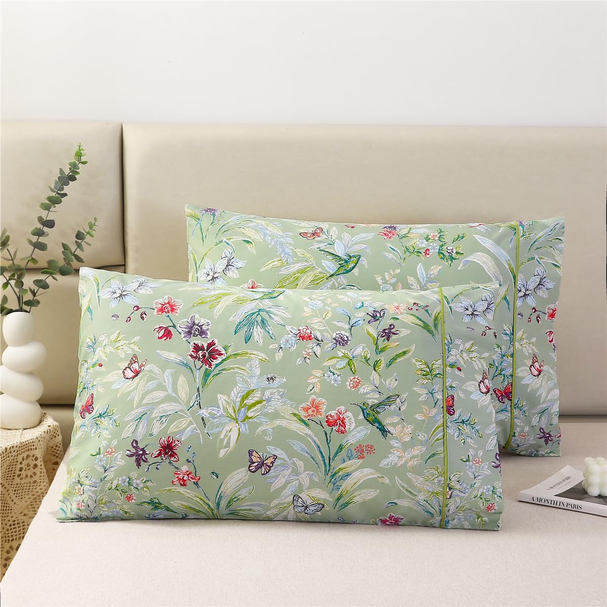 Urbonur 100% Cotton Pillowcases Set Of 2 Standard Size Floral Printed Butterfly Pillow Cases Soft Breathable Cooling Pillowcase