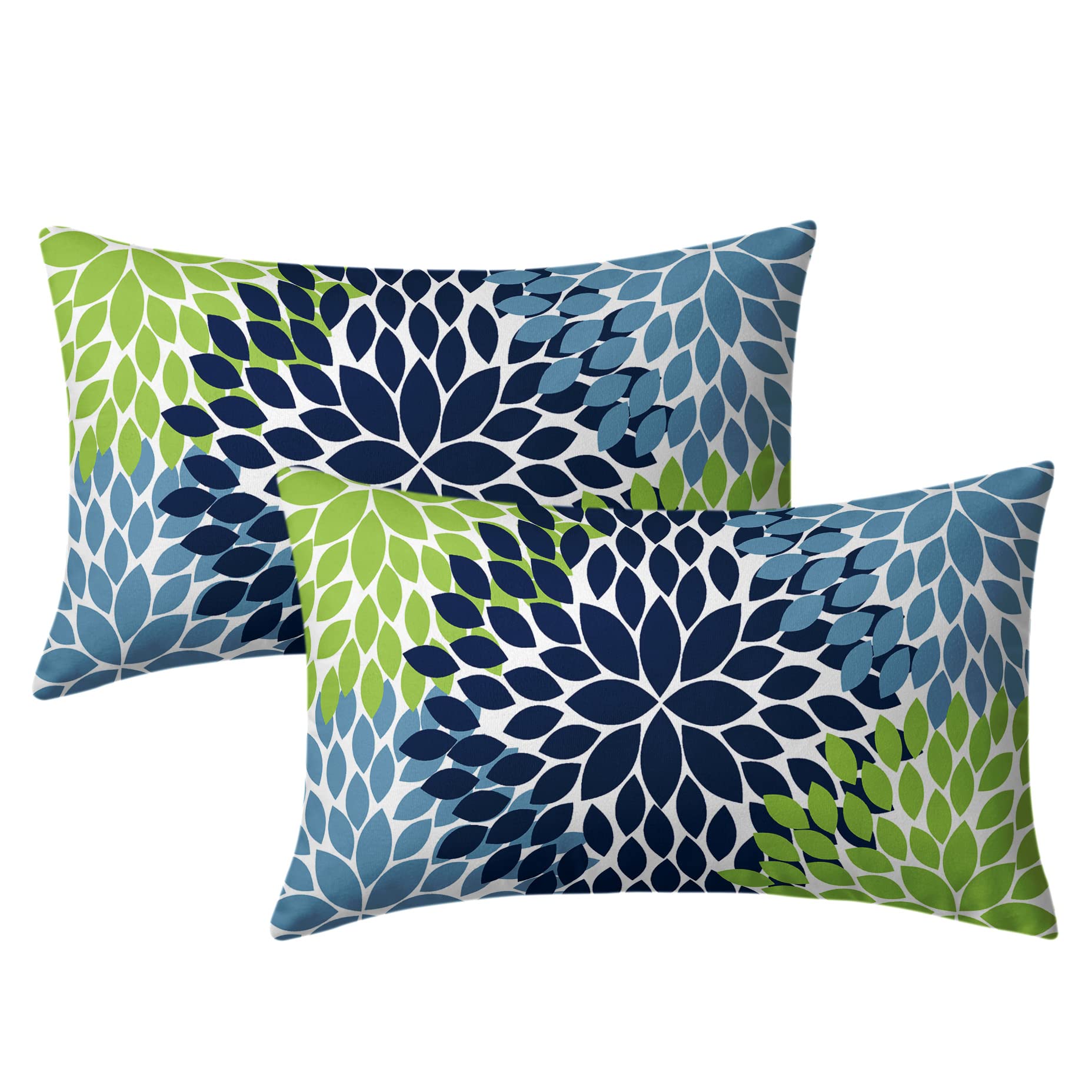Kawani Navy Blue Green Pillow Covers 12X20 Light Blue Dahlia Flowers Modern Rustic Decorative Lumbar Couch Pillow Cases With Zip