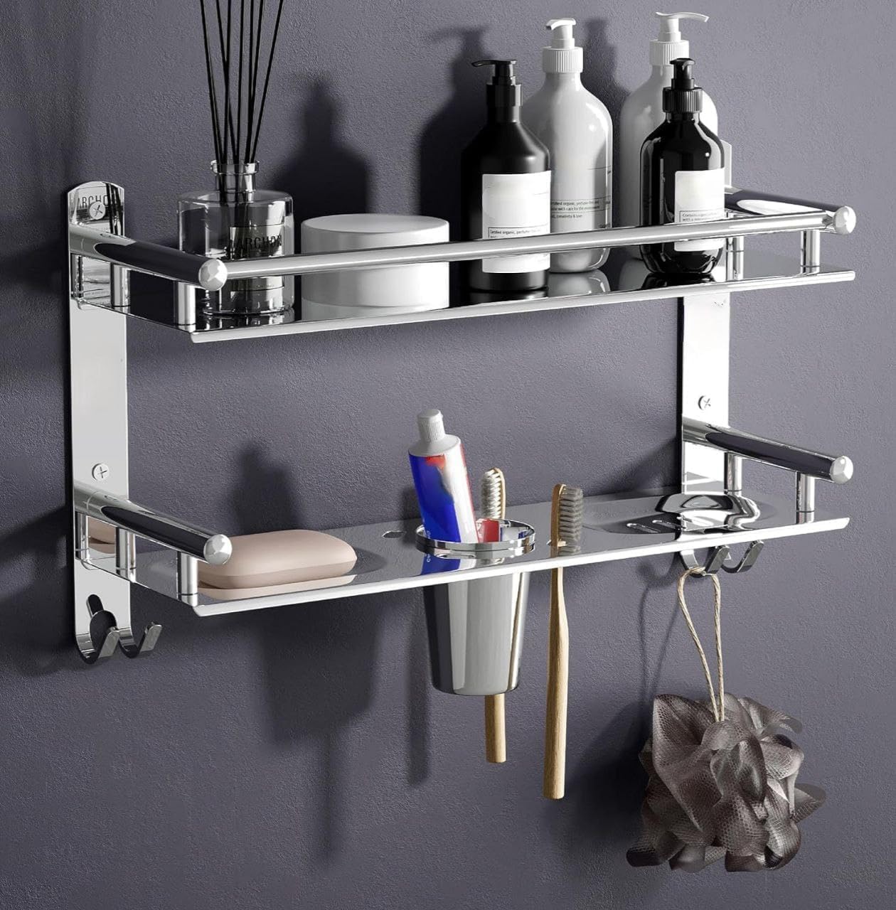 Risva Washroom Storage Organizer | 4 In 1 Wall Mount Stainless Steel Shelf For Wall With Soap Holder & Toothbrush Holder | Bathr