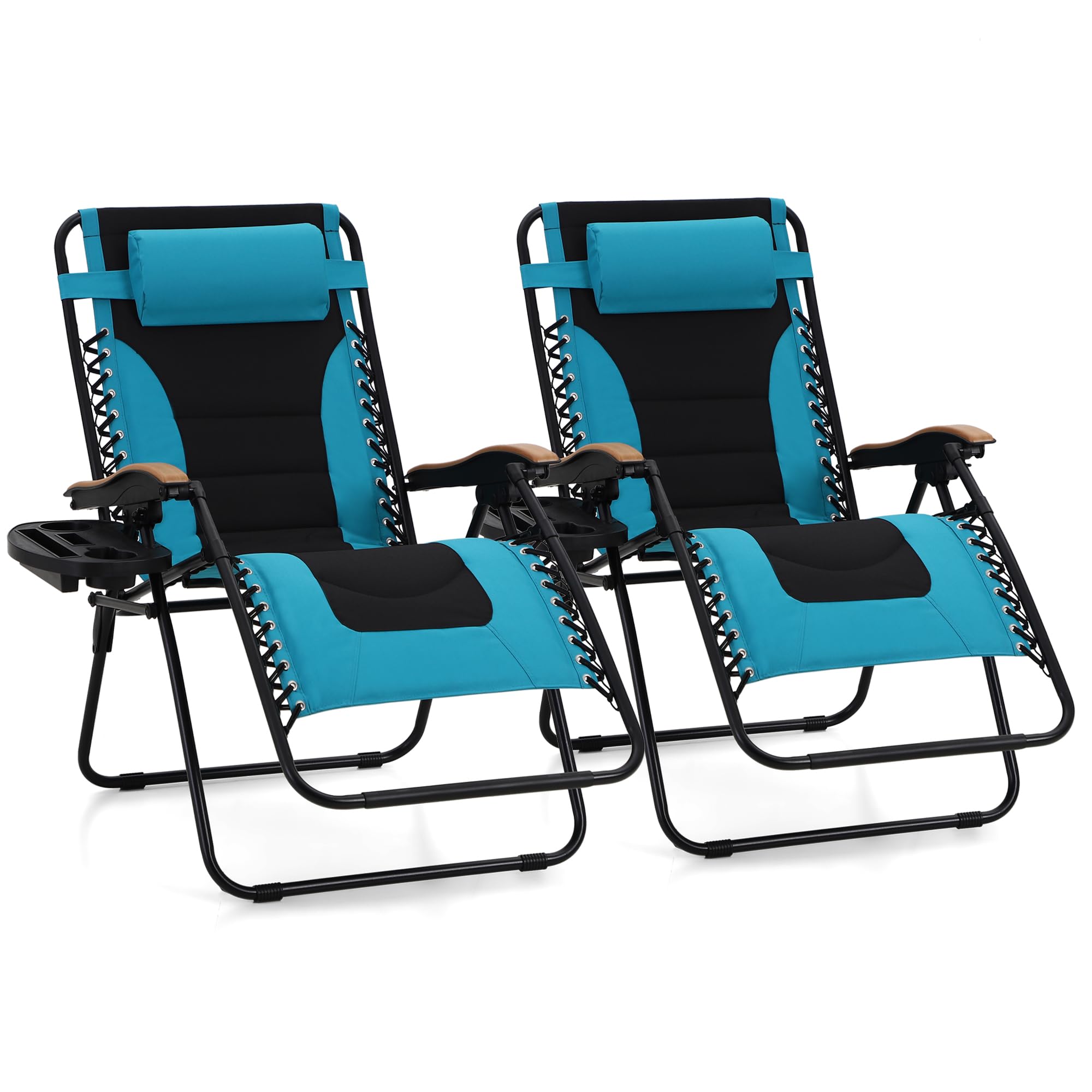 Maison Arts Oversize Zero Gravity Lawn Chairs Set Of 2 Xl Padded Anti Gravity Lounge Chairs Adjustable Recliner W/Pillow & Cup Holder Outdoor Camp Chairs For Poolside Yard,Support 400Lbs,Peacock Blue