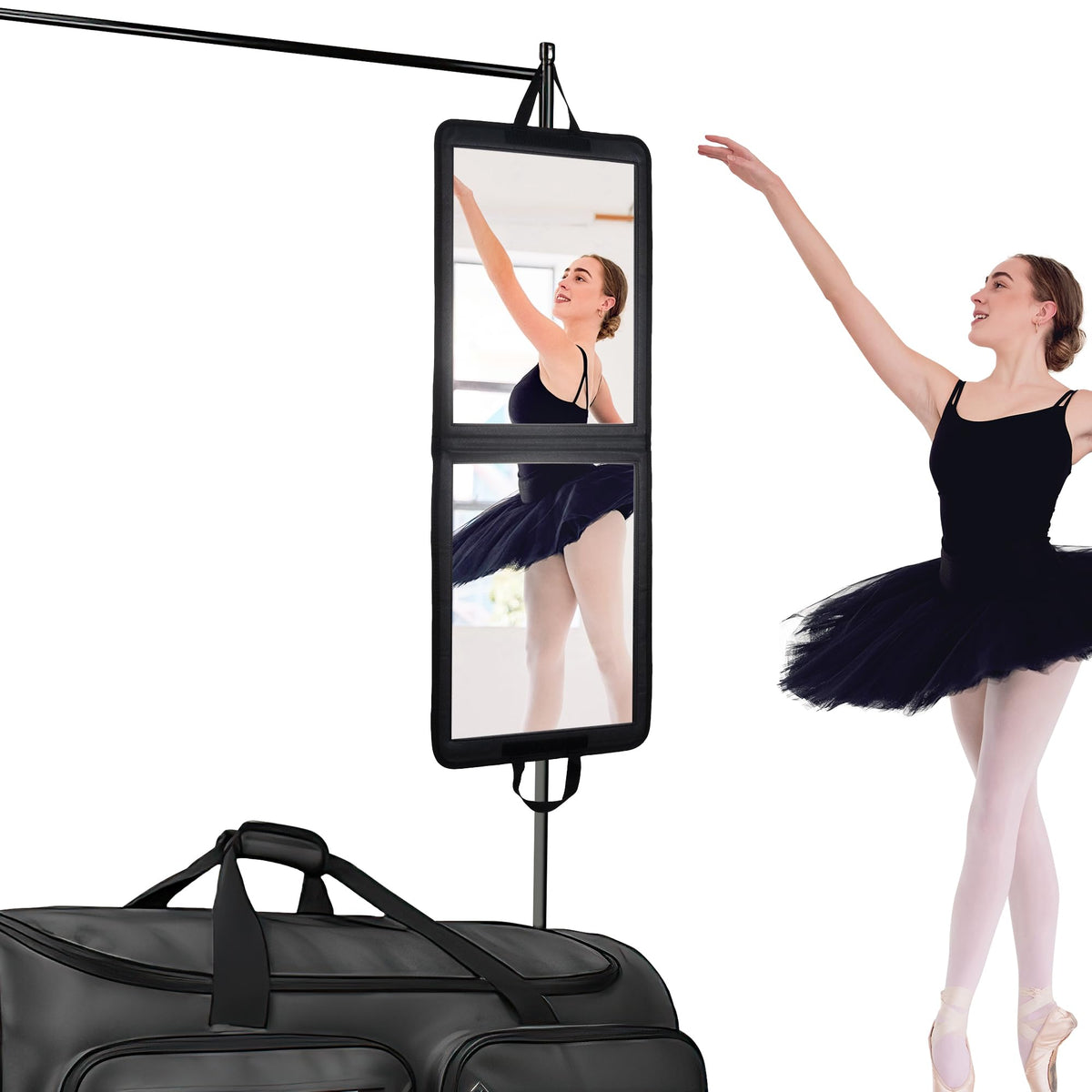 LPHUMEX Foldable Portable Full Length Mirror for Camping, Travel, Dancers, 32x13 Inch, Black, Hanging Folding Mirror for Dance, 
