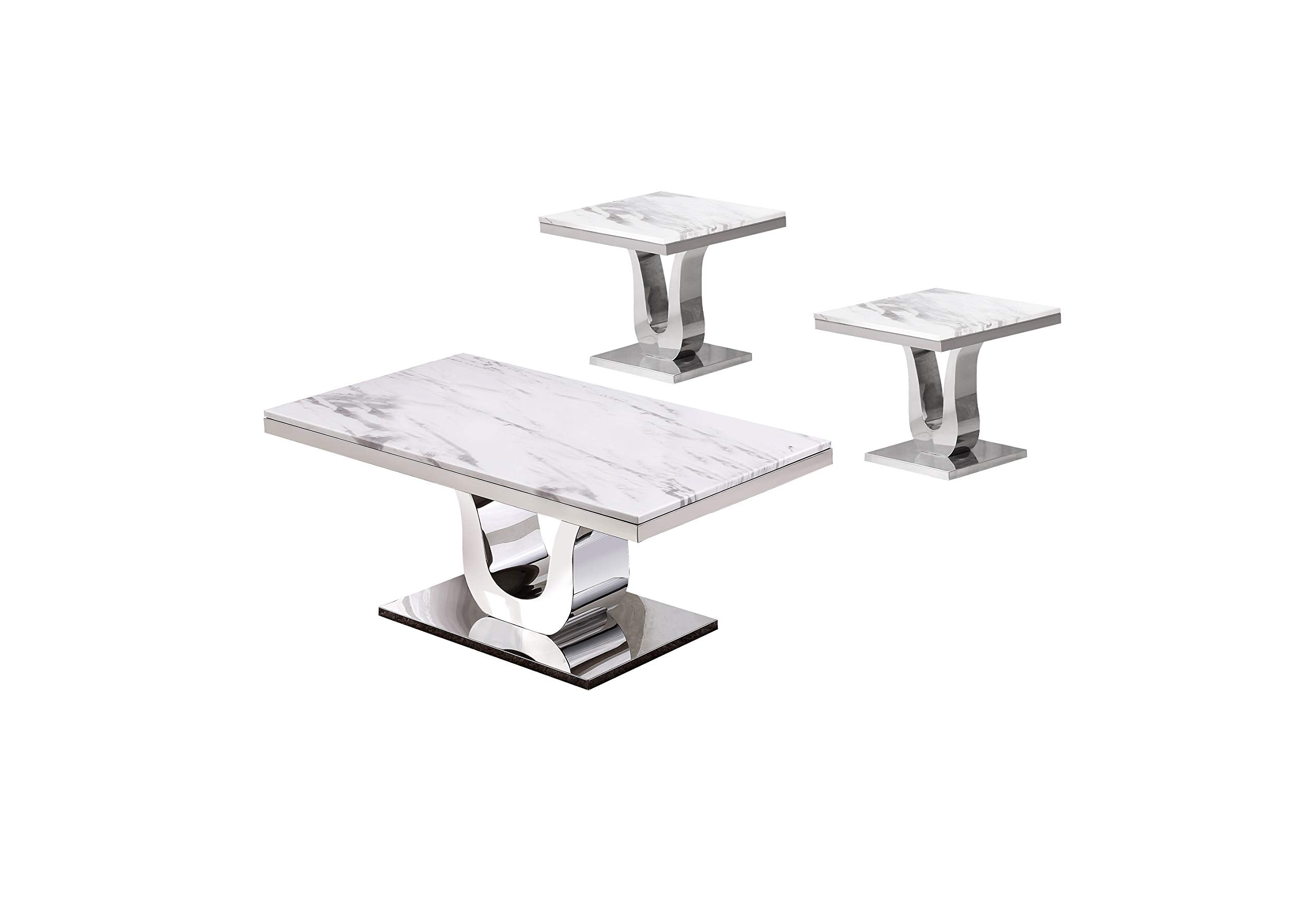 Best Quality Furniture 3 Piece Coffee End Tables Set, White, Silver