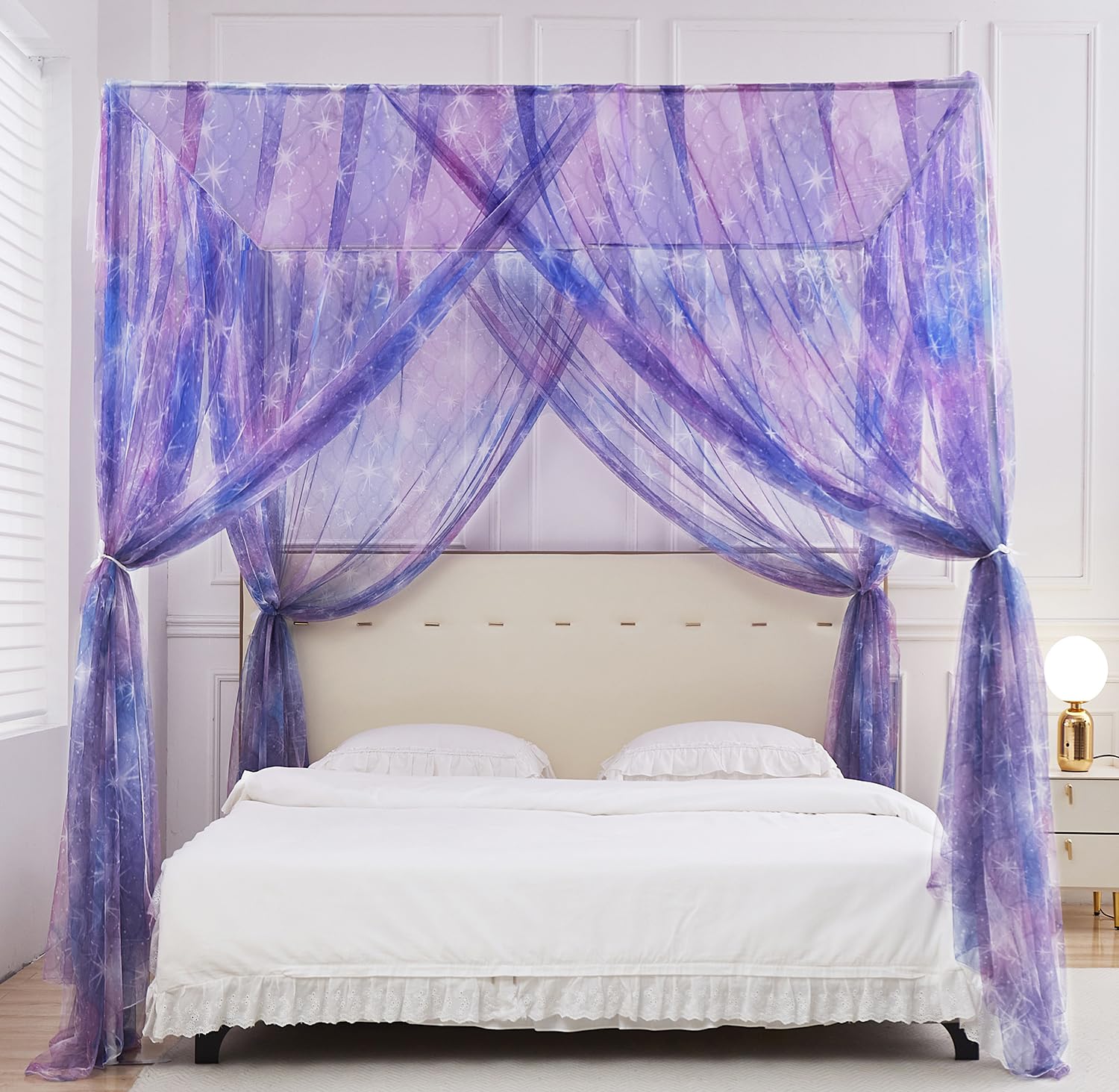 Mengersi Tie Dye Canopy Bed Curtains With Lights,Gradient Ombre Bed Canopy For Girls,Canopy For Bed Princess Bed Drapes For Girl