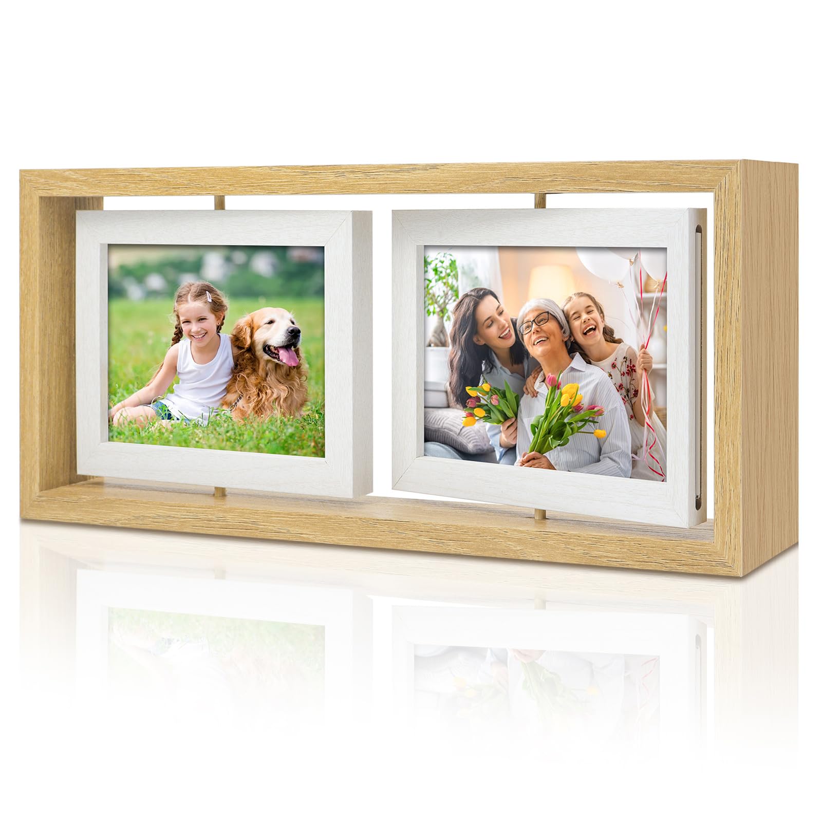 ZEEYUAN 4x6 Desk Picture Frame Rotating 4x6 Floating Photo Frame Wooden Double Side Frame Tabletop for Office Home Decor