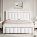 HOMBCK Queen Size Velvet Bed Frame, White Upholstered Bed Frame with Vertical Channel Tufted Headboard, Diamond Headboard and Fo