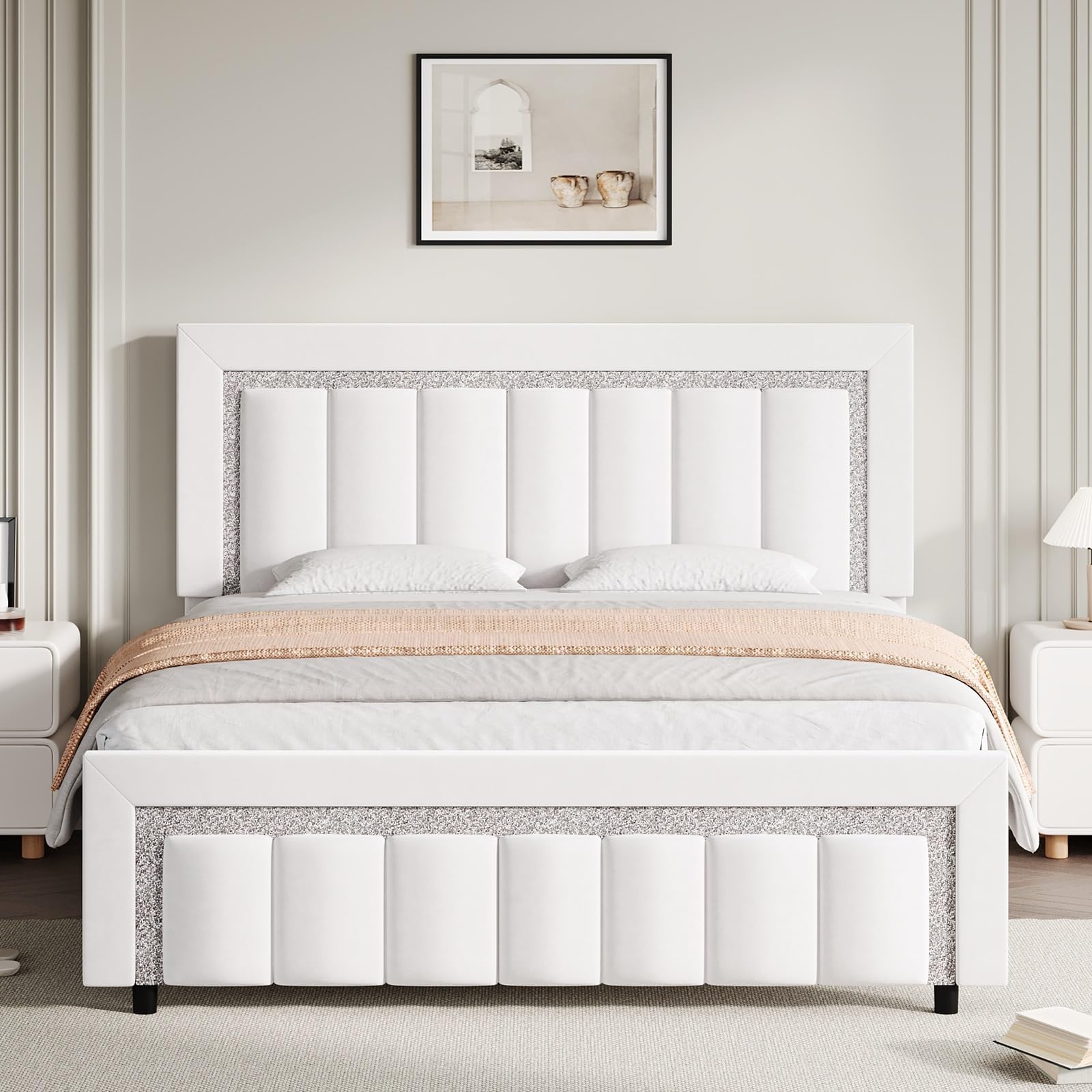 HOMBCK Queen Size Velvet Bed Frame, White Upholstered Bed Frame with Vertical Channel Tufted Headboard, Diamond Headboard and Fo