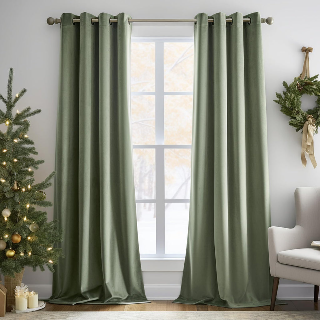 Lazzzy Blackout Velvet Curtains Green Thermal Insulated Curtains 108 Inch Extra Long Drapes For Bedroom Living Room Darkening Window Treatments Grommet Living Room Curtains Set Of 2 Panels Sage Green