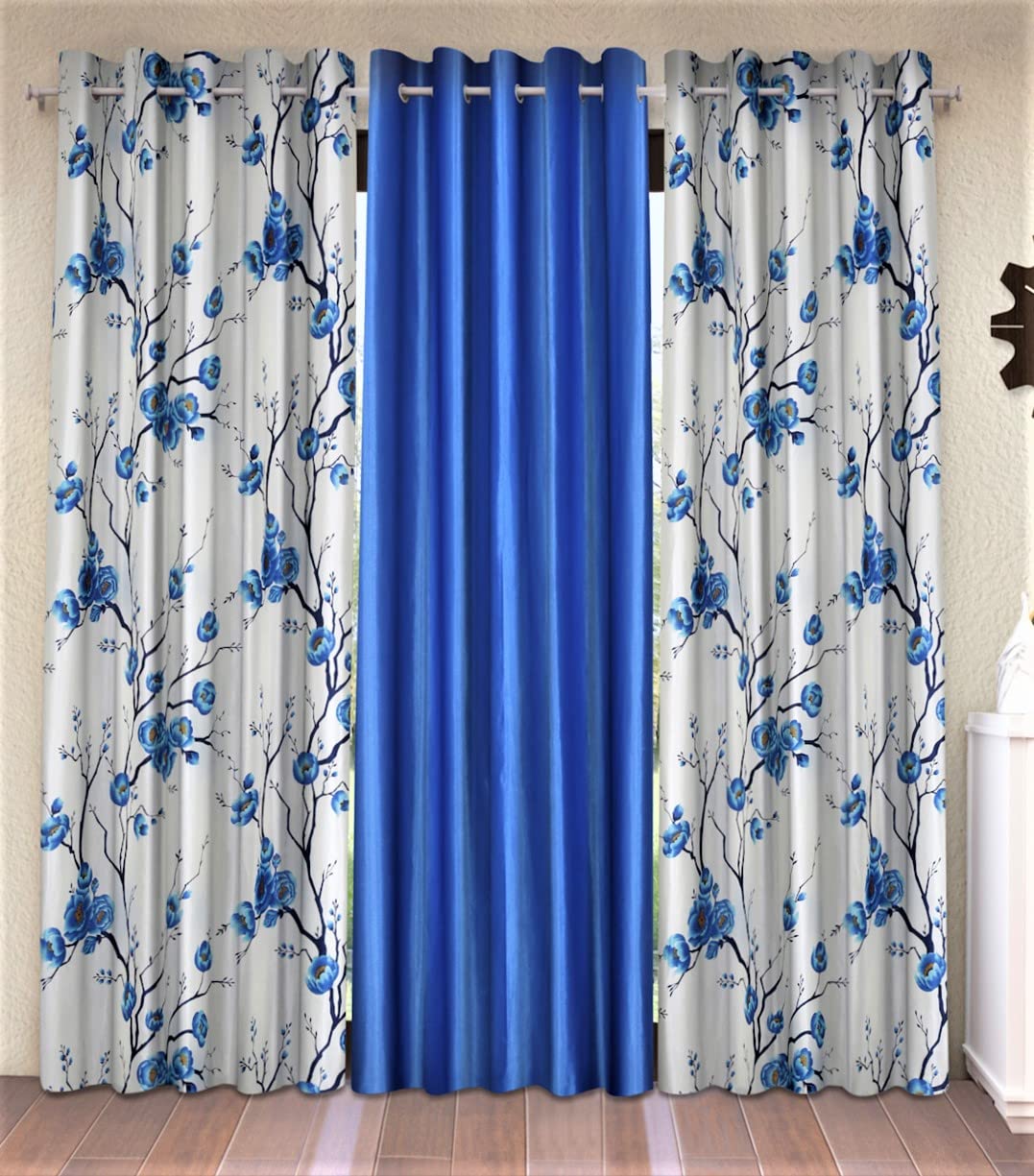 Fashion String 3 Piece 3D Tulips Eyelet Polyester Long Door Curtains  9 Feet, Blue