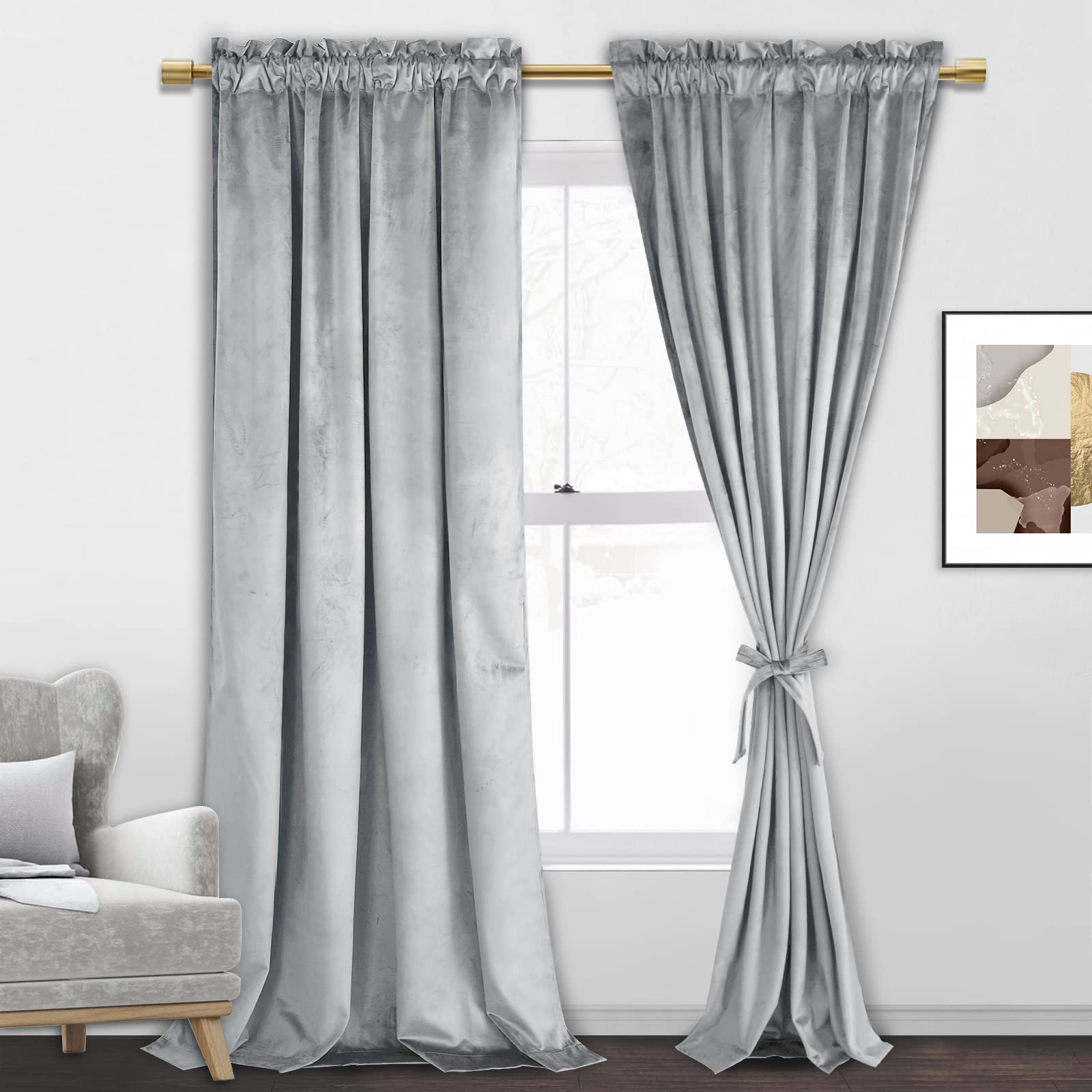 Jiuzhen Silver Grey Velvet Curtains For Living Room -90 Inches Long Thermal Insualted Room Darkening Window Drapes For Bedroom/B