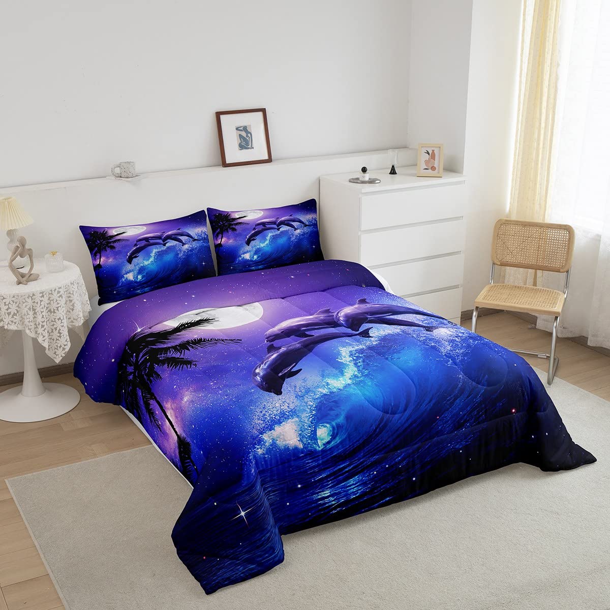 Castle Fairy Dolphin Comforter Set For Boys Girls Kids Teens,3-Pieces Ocean Waves Bedding Comforter Full Size,Moonlight At Night Printed Quilt Set With 2 Pillowcases