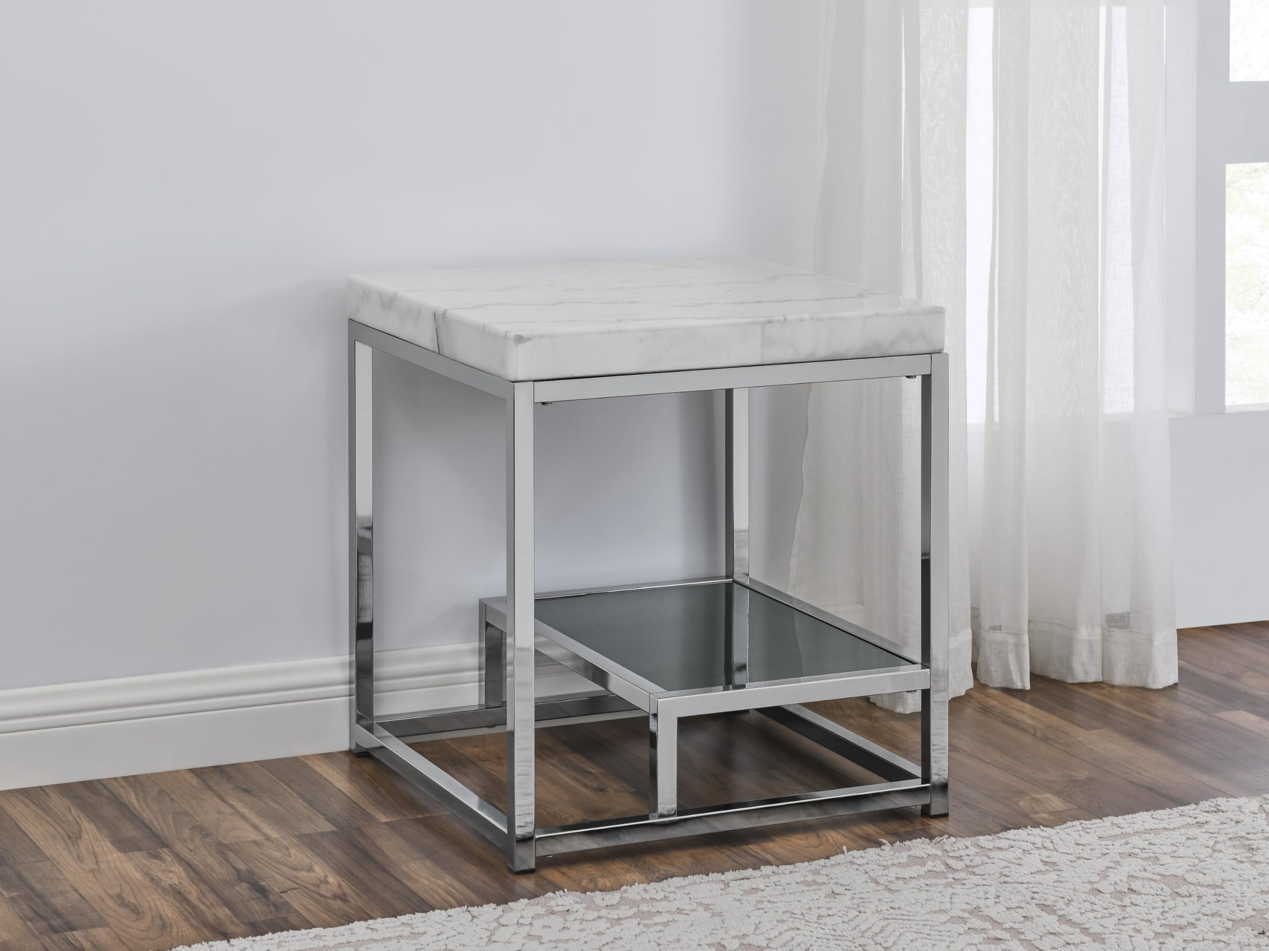 Steve Silver Company Aston End Table, Modern/Contemporary/Eclectic, White Marble Veneers, Tempered Black Glass, Side Table/Night Stand, 22&quot; D x 22&quot; W x 24&quot; H, White