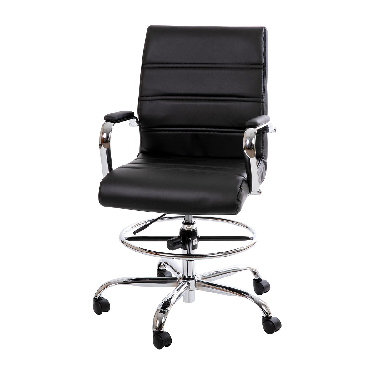 Flash Furniture Whitney Mid-Back Swivel LeatherSoft Drafting Chair with Padded Seat, Armrests, and Foot Ring, Adjustable Office Chair, Black/Chrome