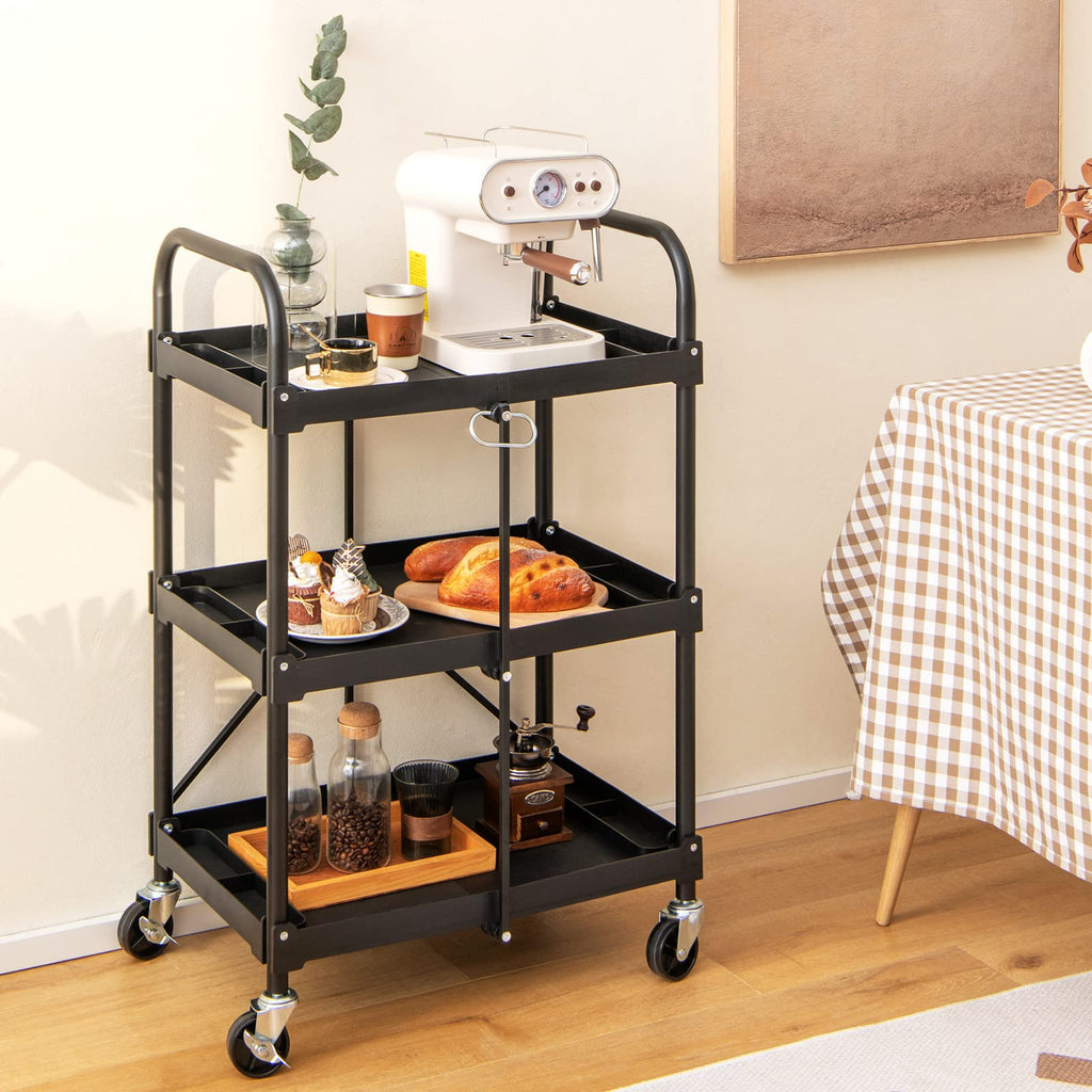 Goplus Folding Utility Cart, 3-Tier Rolling Tool Cart W/Lockable Wheels, Divided Storage Compartments, Collapsible Metal Service Cart Work Cart For Office Home, Garage, Kitchen, Black