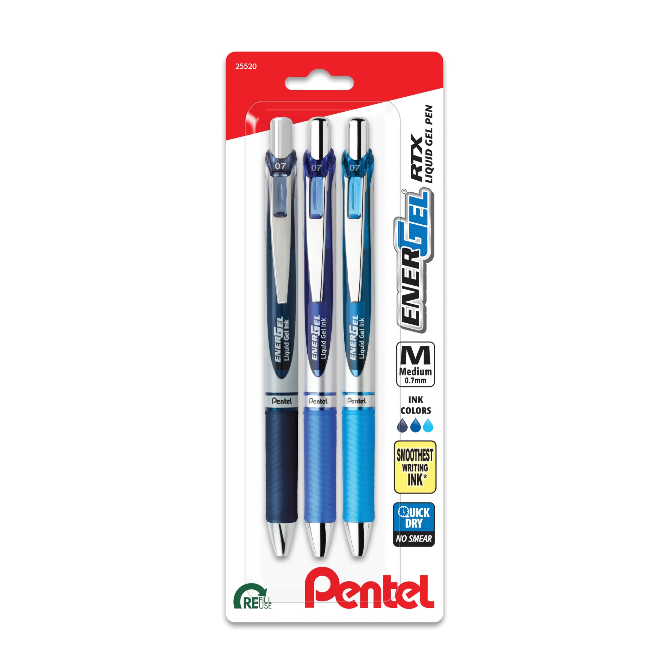 Pentel Energel Rtx Retractable Liquid Gel Pen, 0.7Mm, Note-Taking Hue, Navy, Blue, And Sky Blue Ink, Pack Of 3 Pens (Bl77Lbnbp3M