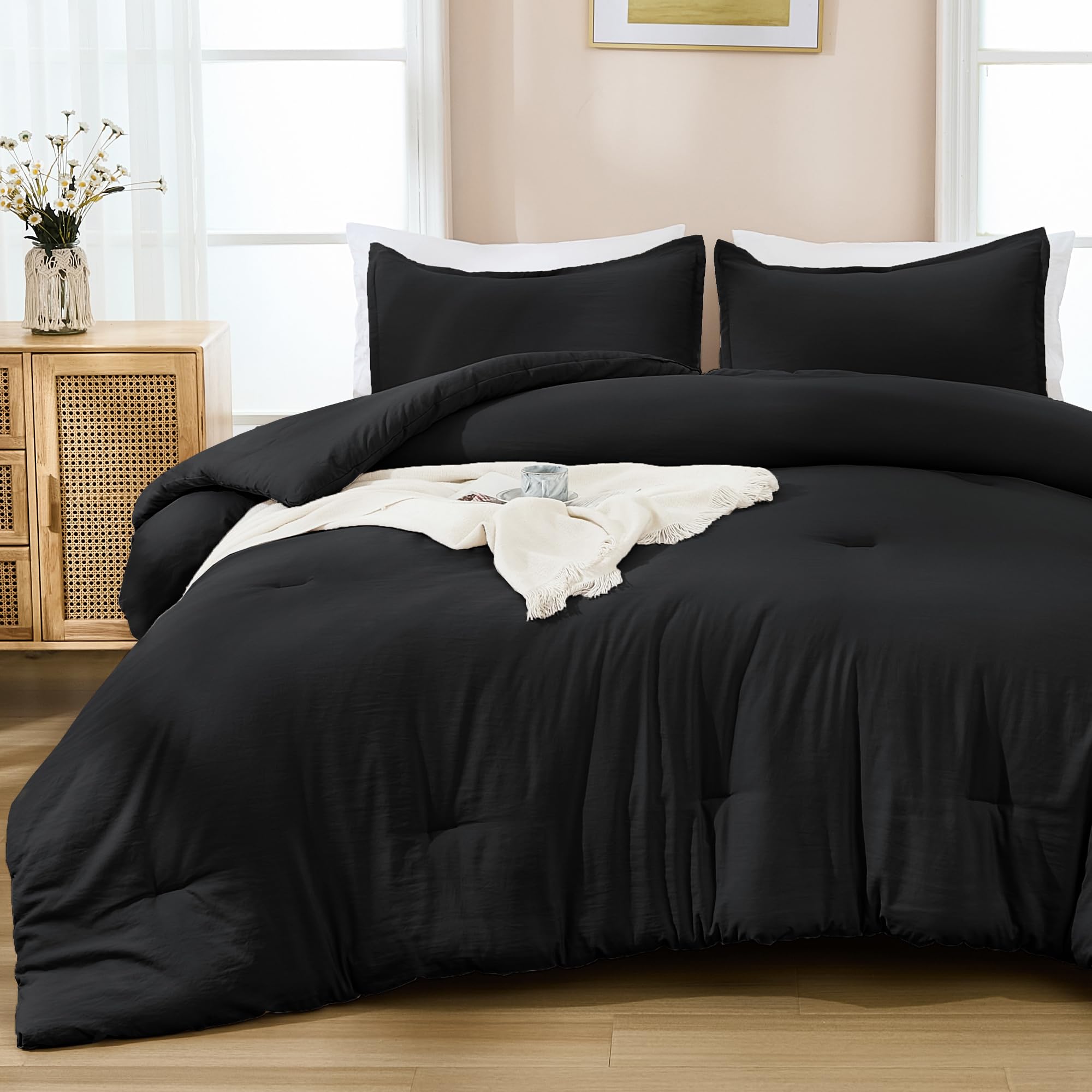 Andency Black Comforter King Size - 7 Pieces Bed In A Bag King Bedding Comforter Sets, Summer Plain Soft Lightweight Comforter With Fitted Sheets, Flat Sheets, Pillowcases & Shams
