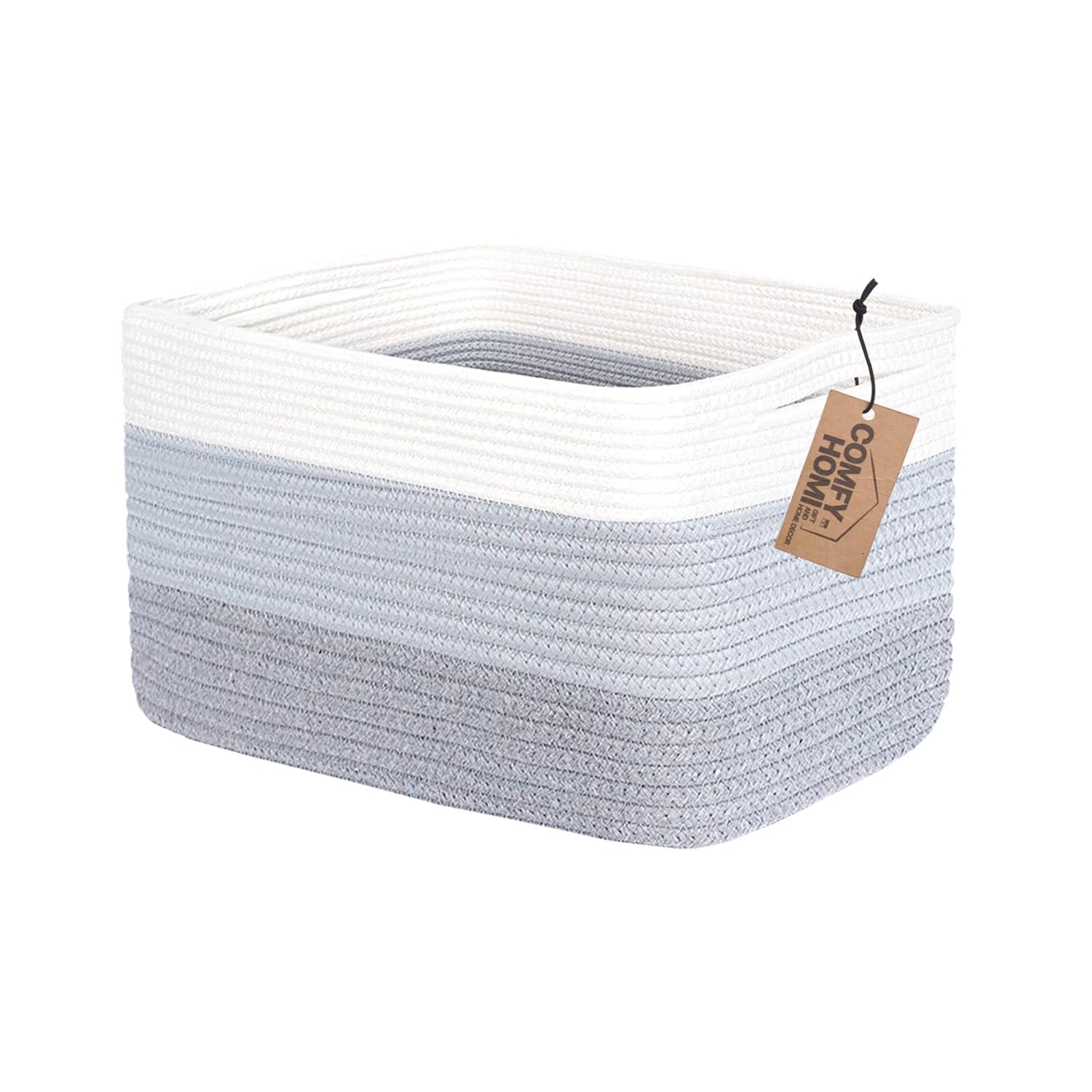 Comfy-Homi Cotton Rope Woven Basket With Handles For Shelves,Toys,Book, Cloth Storage Baskets Bin For Organizing-13.5'X11'X9.5' Toy Decorative Organizer For Living Room, Bathroom-White/3Tone Grey