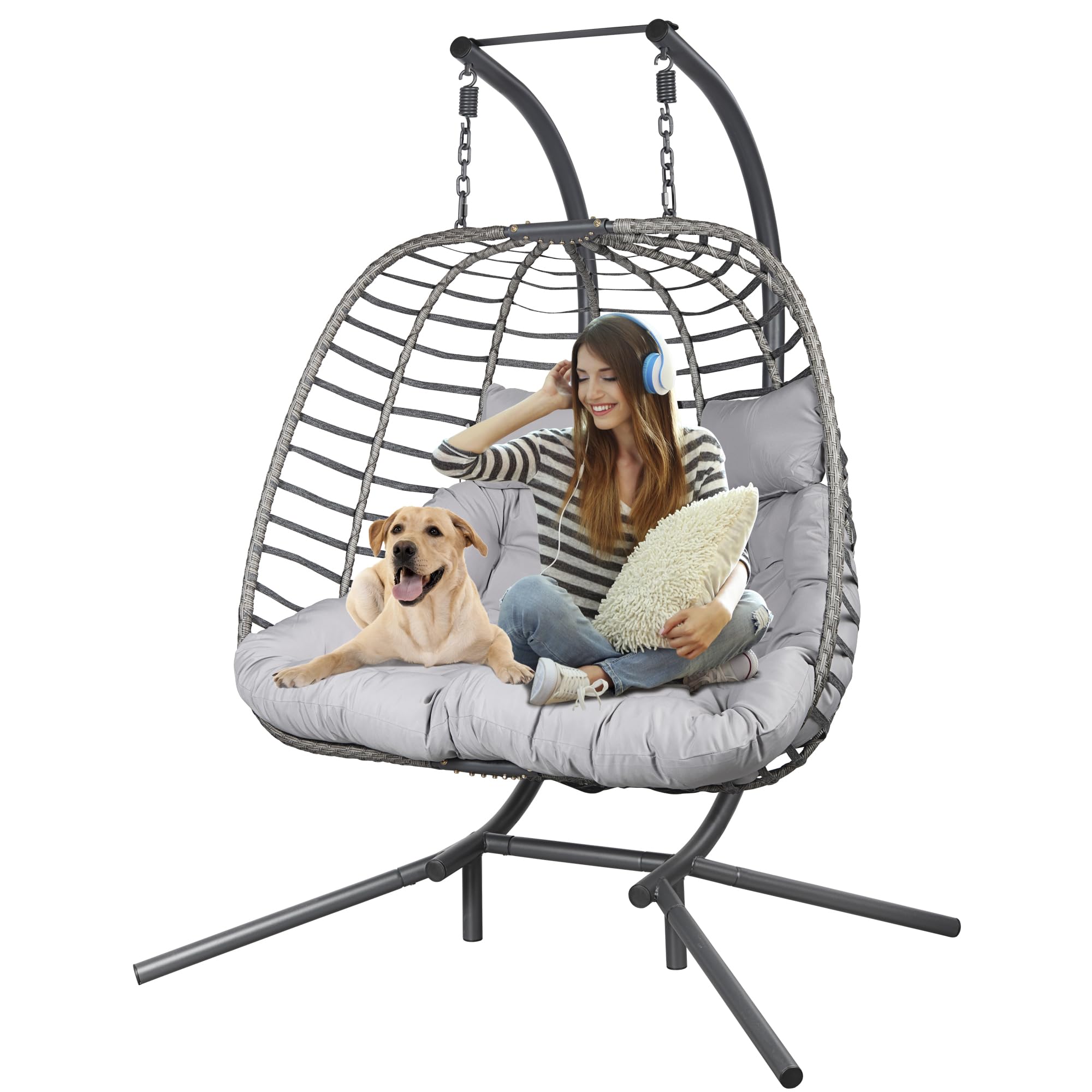 Double Hanging Egg Chair Wth Stand, Patio Hammock Swing Chair With Cushion Loveseat For Bedroom, Balcony, Garden, Indoor, Outdoo