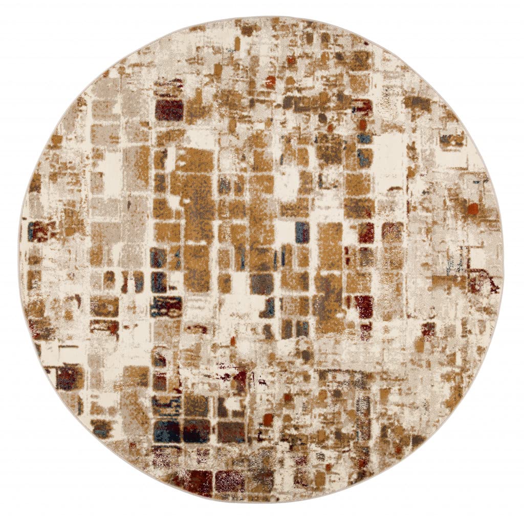 HomeRoots Natural Heat-Set Polypropelene 8’ Round Brown Beige Abstract Tiles Distressed Area Rug