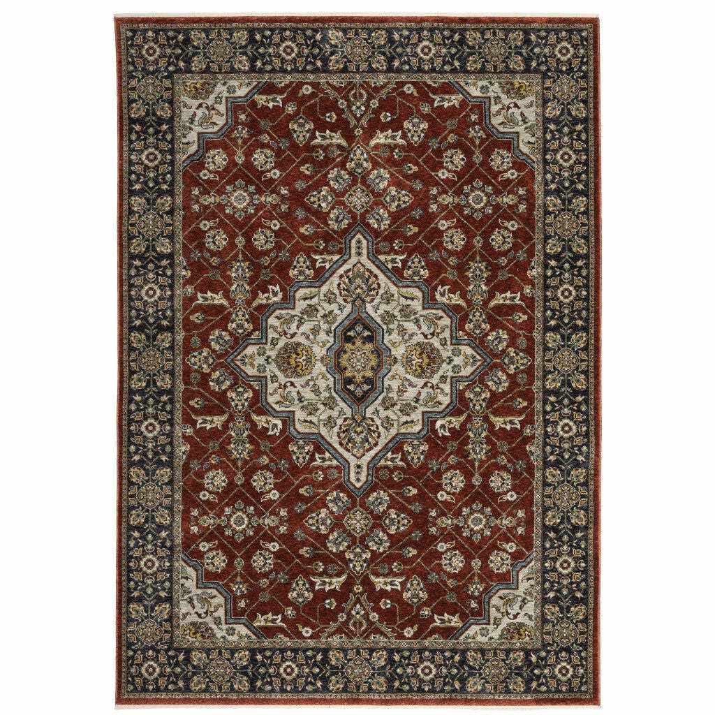 HomeRoots 508085 8 x 11 ft. Red Ivory Blue Navy Gold & Gray Oriental Power Loom Stain Resistant Rectangle Area Rug with Fringe, Rectangular