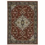 HomeRoots 508085 8 x 11 ft. Red Ivory Blue Navy Gold & Gray Oriental Power Loom Stain Resistant Rectangle Area Rug with Fringe, Rectangular