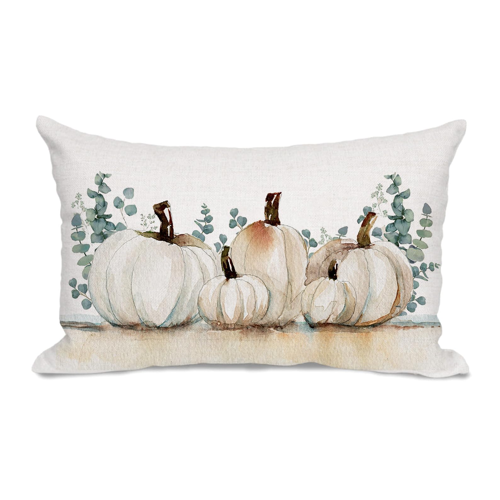 Fall Pillow Cover 12X20 White Pumpkins Green Leaves Watercolor Brown Throw Pillow Autumn Decorative Lumbar Linen Outdoor Farmhou
