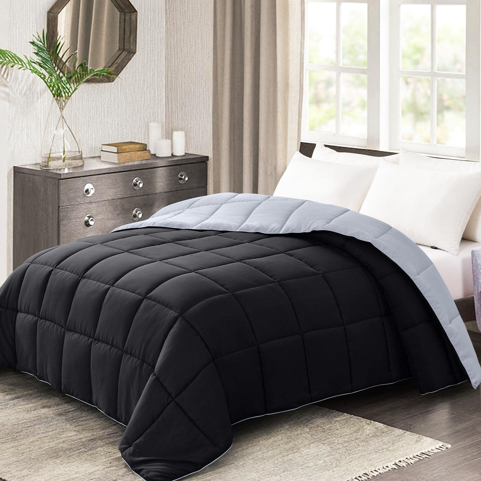 Homelike Moment Twin Lightweight Comforter Black - All Season Down Alternative Bed Comforter Summer Duvet Insert Quilted Reversi