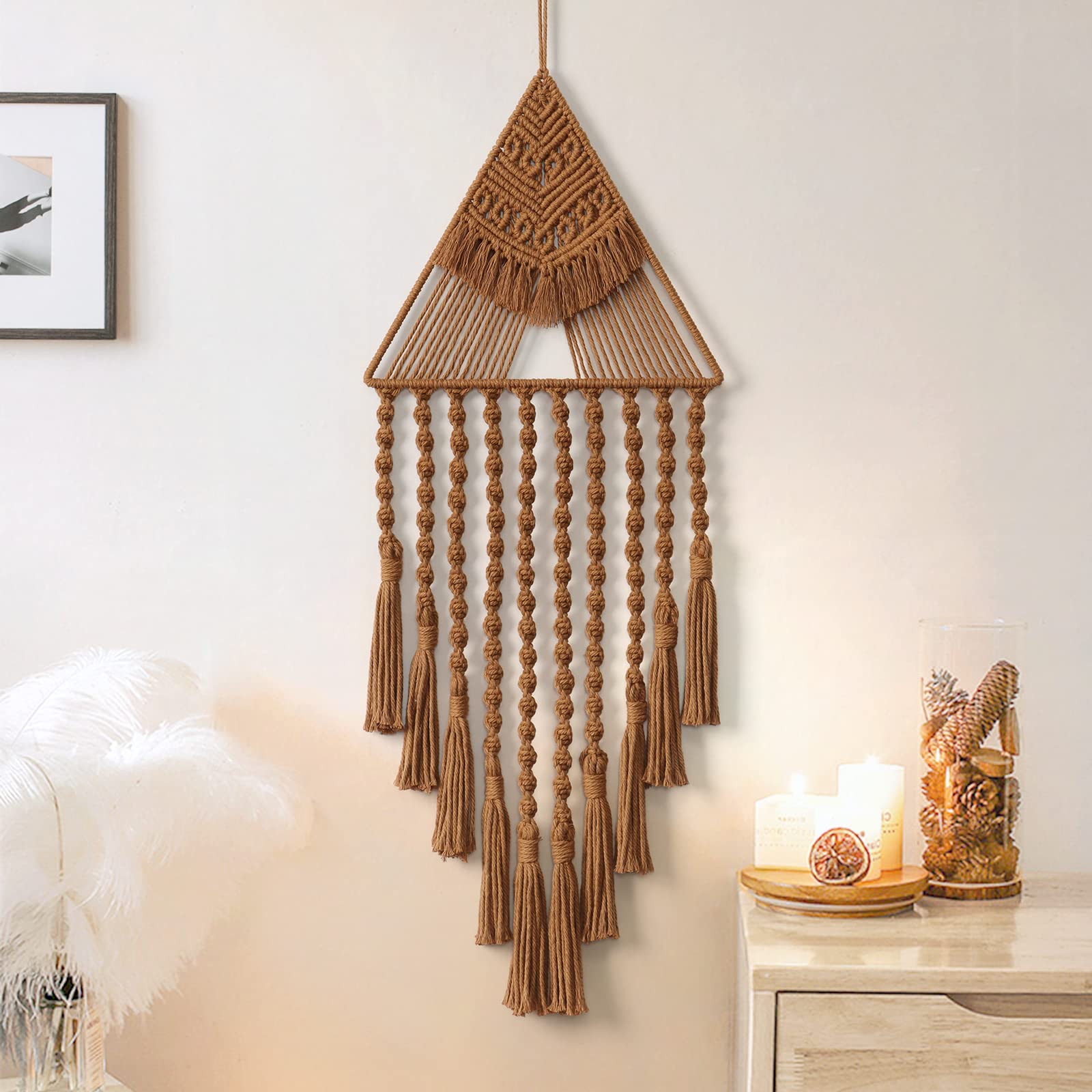 LOMOHOO Macrame Woven Wall Hanging Dream Catcher Triangle Tassel Geometric Art Boho Backdrop Bohemian Home Decor Wall Art Beauti