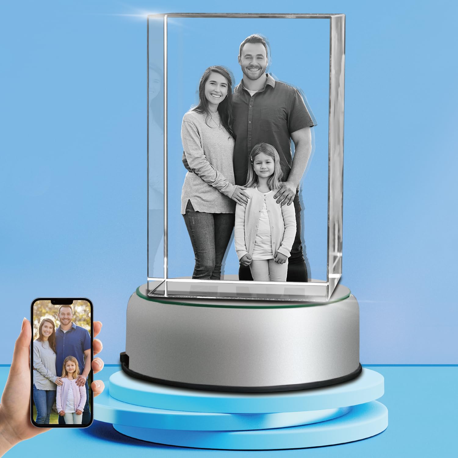 HANS LASER 3D Crystal Photo with Light Base, Custom Glass Picture Cube with Your Own Photo for Mom Dad Her Him, Personalized Me