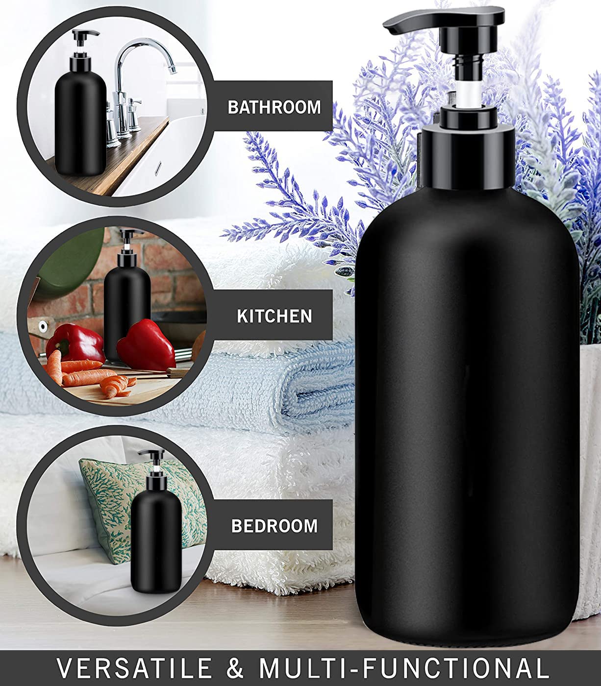 Black Soap Dispenser With Rust Proof Pump, Waterproof Labels (2 Pack,16 Oz) Bathroom, Plastic Hand Dish Soap Dispenser For Kitch