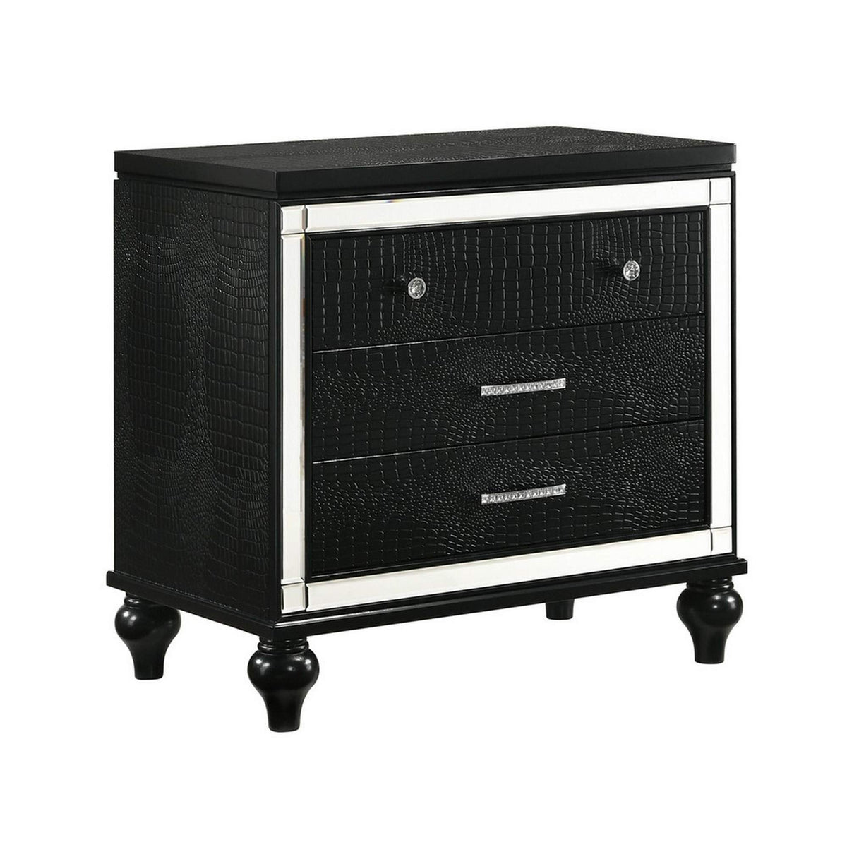 Benjara 3 Drawer Wooden Nightstand With Mirror Accents And Faux Crystal Pulls, Silver