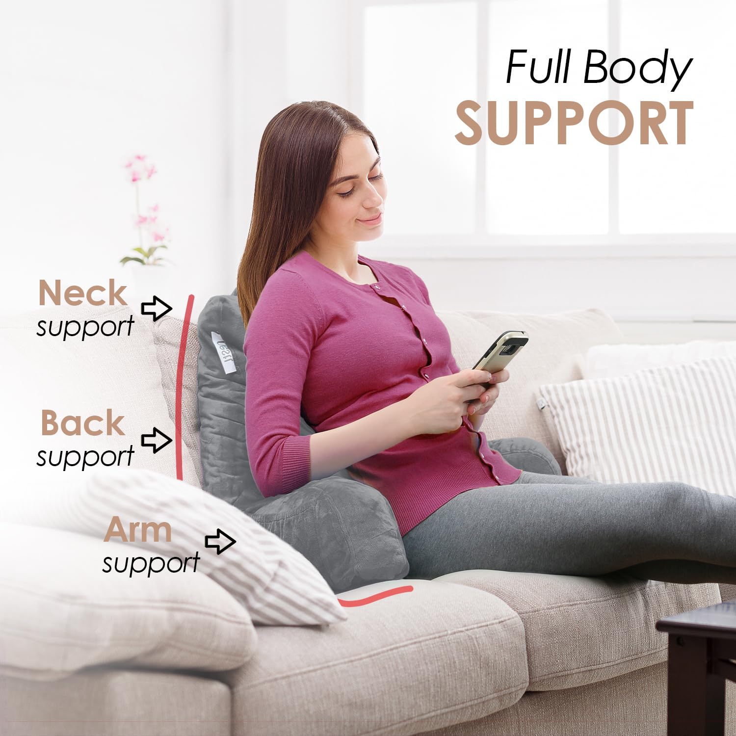 Nestl Reading Pillow Standard Bed Pillow, Back Pillow For Sitting In Bed Shredded Memory Foam Chair Pillow Reading & Bed Rest Pillows Dark Grey Back Pillow For Bed, Bed Chair Arm Pillow With Pockets