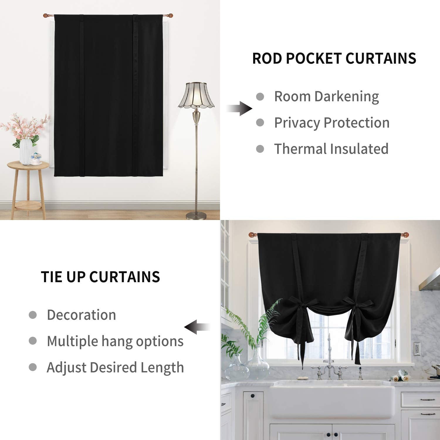Dwcn Tie Up Curtain-Thermal Insulated Room Darkening Blackout Curtains For Livingroom, Bedroom And Dining Room, Black, W42 X L63