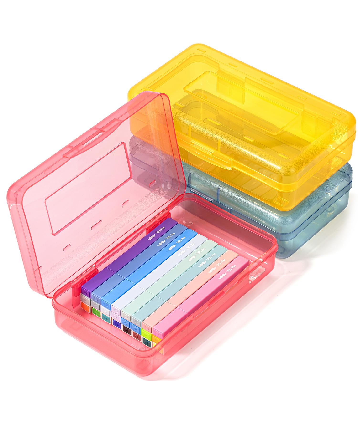 Mr. Pen- Clear Pencil Boxes, 3 Pack, 7.9'X4.5'X2.4', Assorted Colors, Snap-Tight Lid, Plastic Pencil Box Organizer