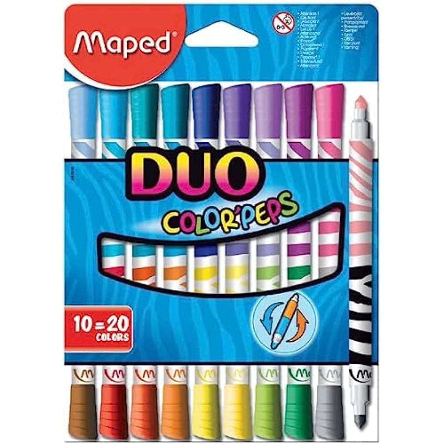 Maped - Color'Peps Duo Ultrawashable Markers X10 - Smart Double-Tip Design - Vibrant Colors - High-Quality Ink - Double-Tip - Vi