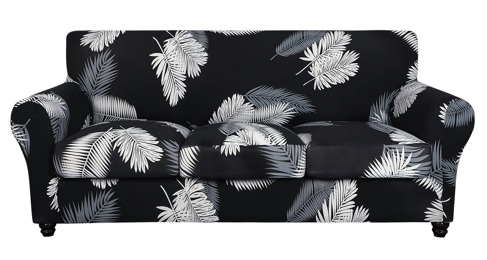 Searchi Stretch Sofa Cover Printed Couch Cover, Floral Pattern 4 Pieces Sofa Slipcover With 3 Separate Cushion Cover, Washable Furniture Protector For Living Room(Sofa, Black+Palm Leaves)