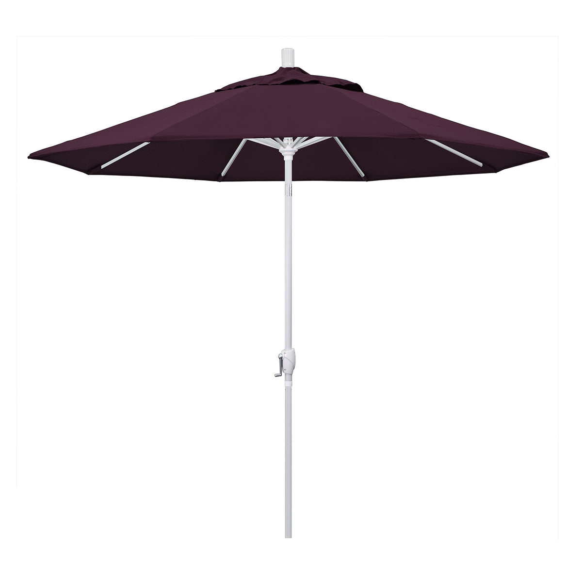 California Umbrella 9' Round Aluminum Market Umbrella, Crank Lift, Push Button Tilt, White Pole, Pacifica Purple