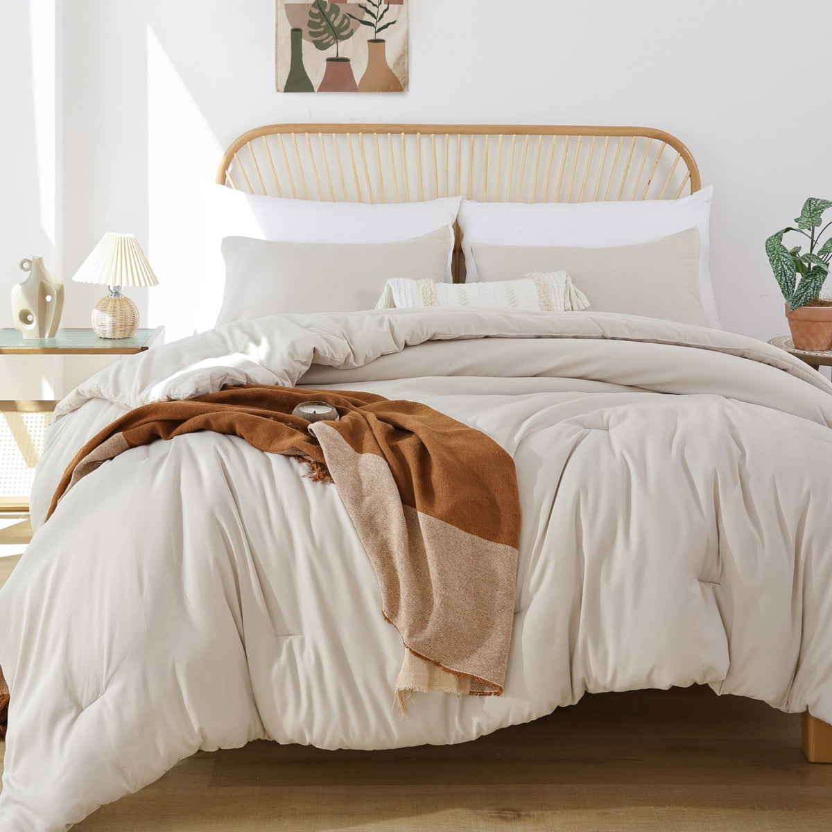 Rosgonia California King Comforter Set Beige, 3Pcs (1 Boho Cal King Comforter & 2 Pillowcases), All Season Bedding Soft Bedsprea