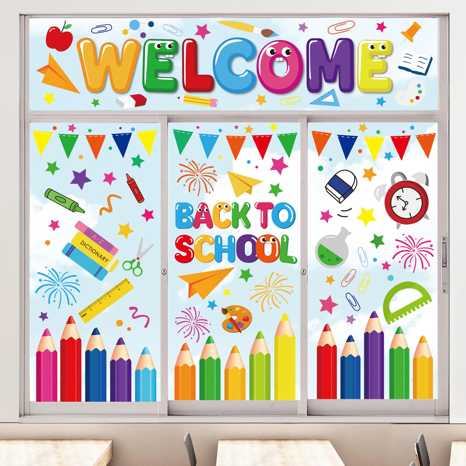 Whaline 9 Sheet Back to School Window Clings Colorful Pencil Crayon Ruler Window Decals Double-Sided First Day of School Window 