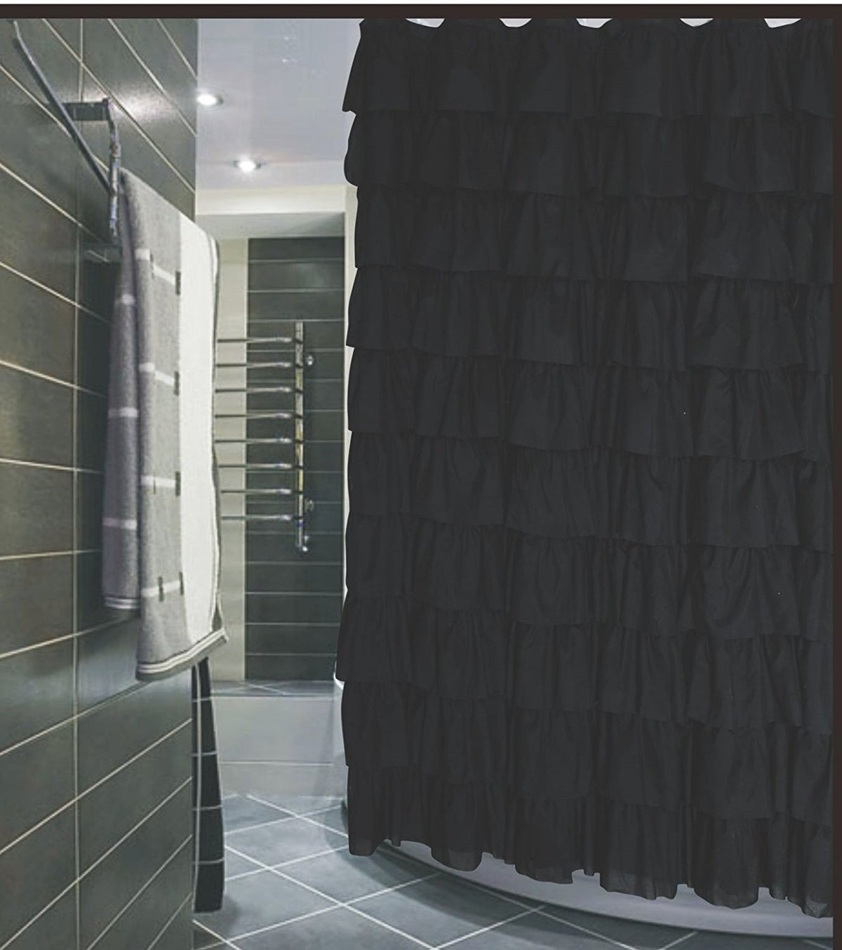 Spring Home Ruffled Black Fabric Shower Curtain Size 72 X 72 Inch
