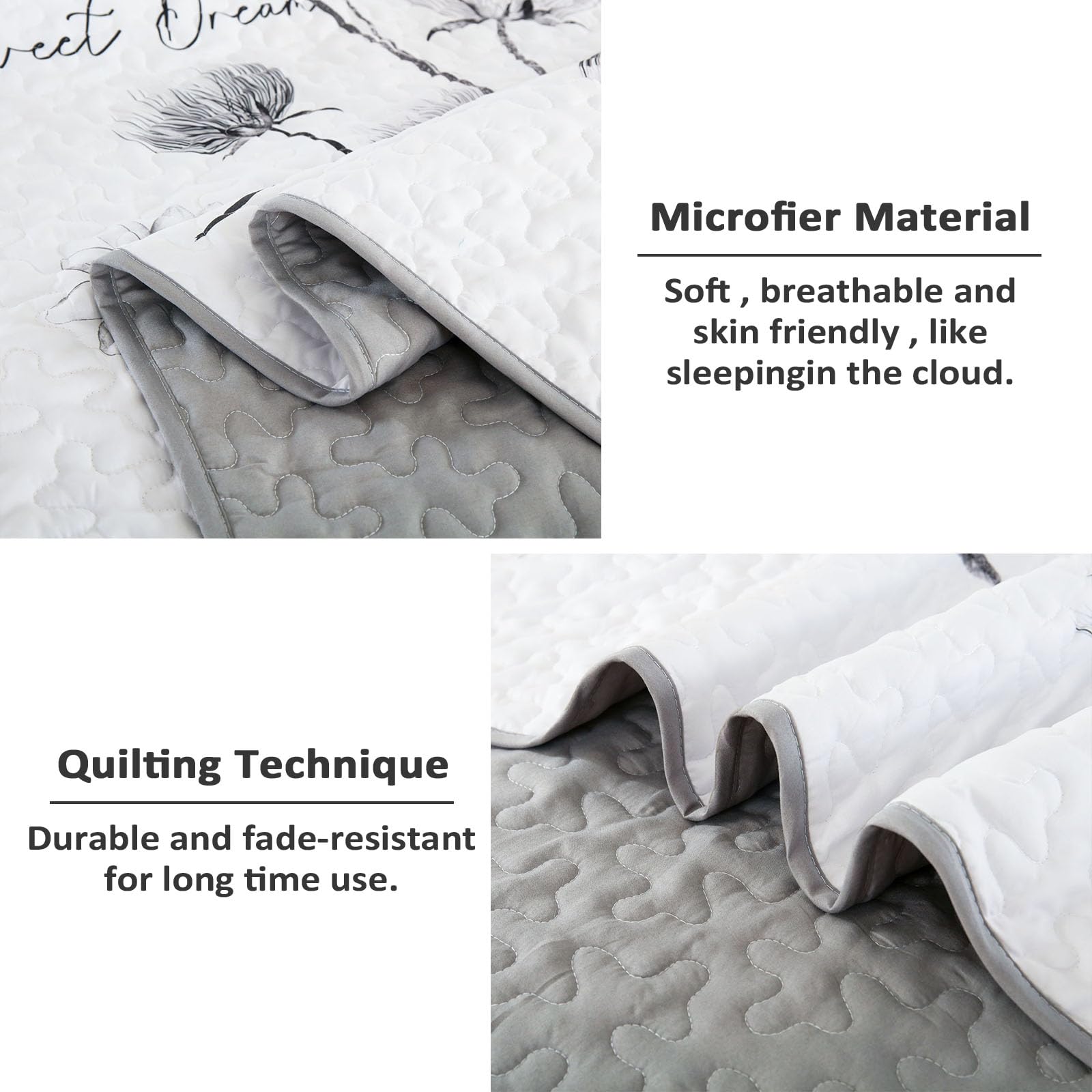 King Size Quilt Set Floral,3 Pieces Grey & White Quilts Coverlet Set Flower Bedspreads Bed Cover Lightweight Fall Quilt Light Gr