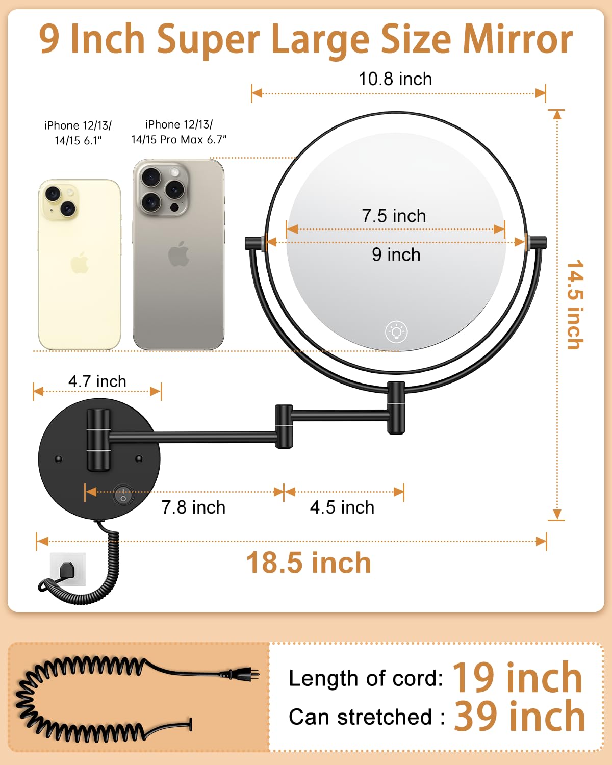 Benbilry 9    Wall Mounted Lighted Makeup Vanity Mirror With 3 Color Dimming Lights, Large Size 1X/10X Magnifying Double Sided L
