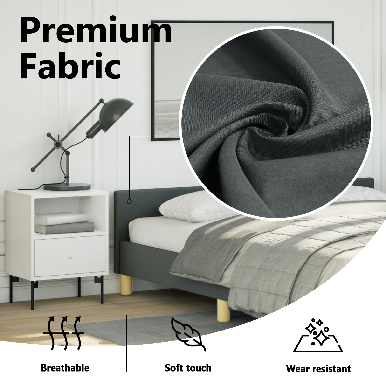 vidaXL Fabric Bed Frame Platform Bed, Scandinavian Style/Slats Support/No Box Spring Needed/Without Mattress/Easy Assembly, Dark Grey Full Bed