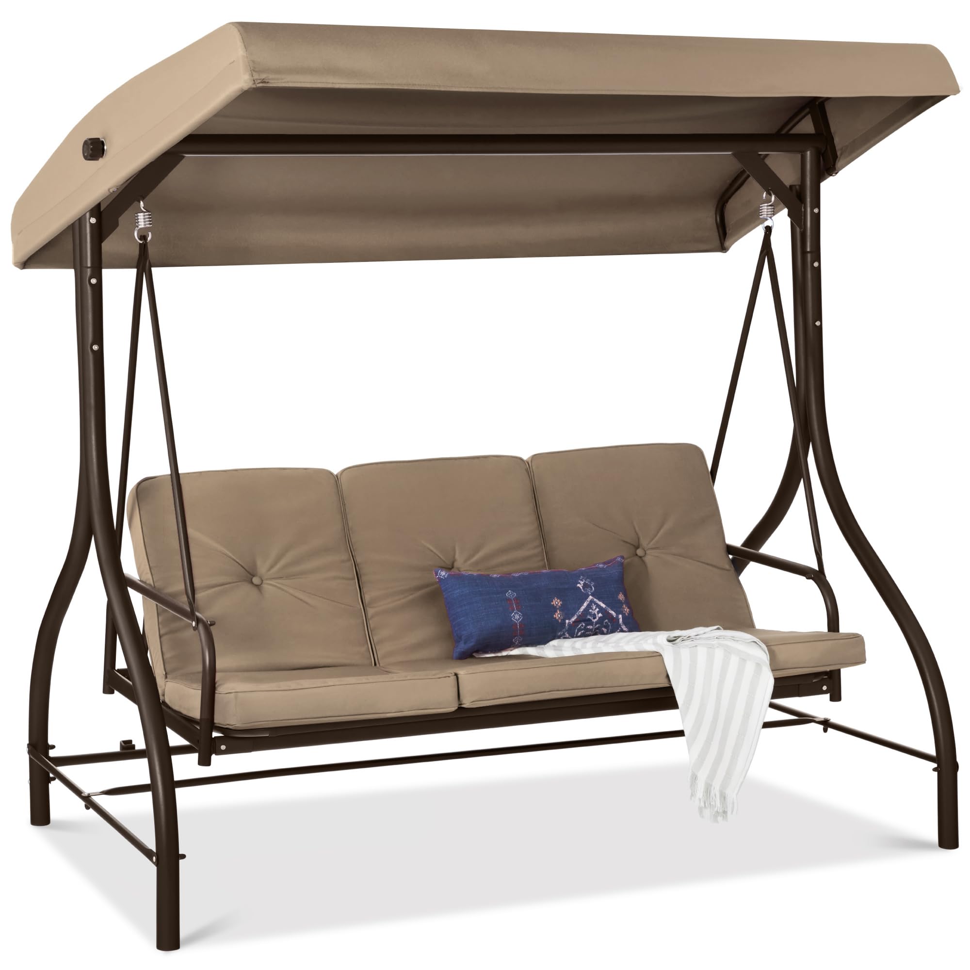 Best Choice Products 3-Seat Outdoor Large Converting Canopy Swing Glider, Patio Hammock Lounge Chair for Porch, Backyard w/Flatb
