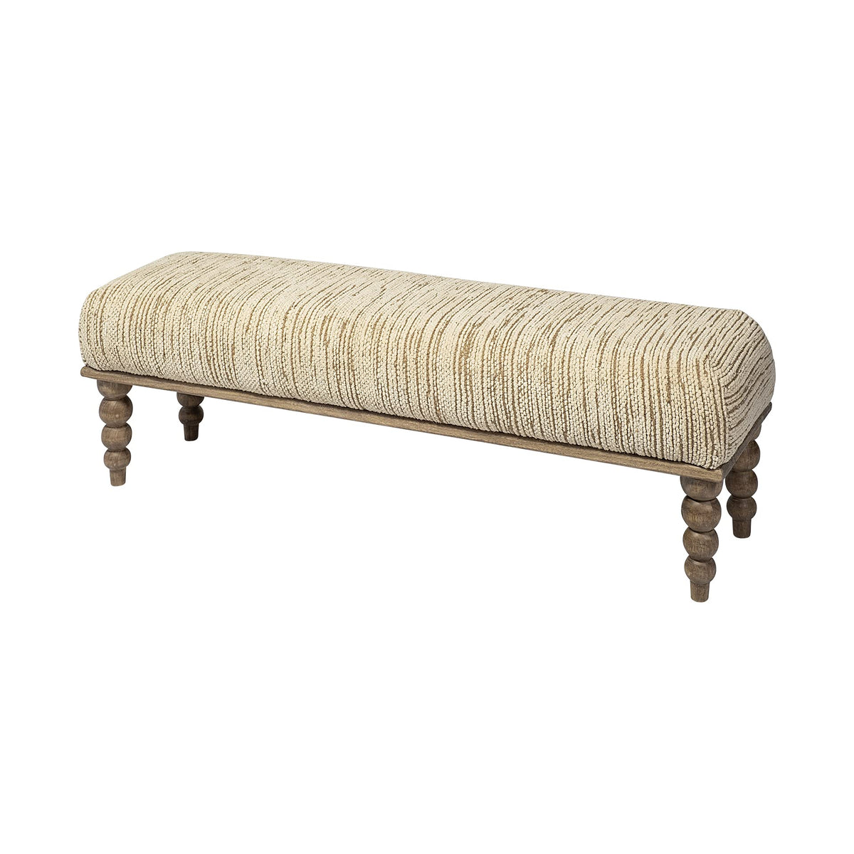 HomeRoots Rectangular Indian Mango Wood/Natural-Brown Polished W/Upholstered Cream Seat Accent Bench