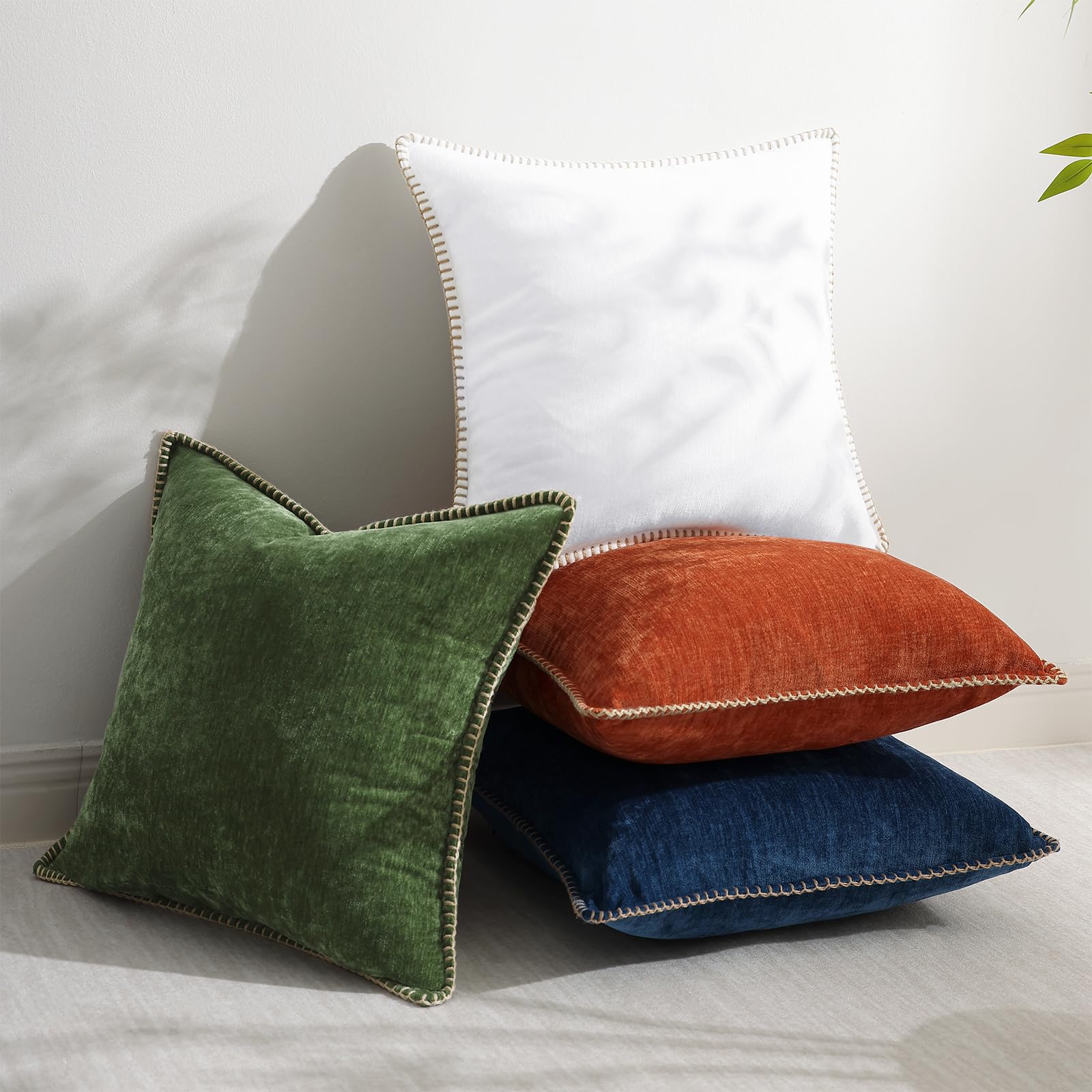 Decoruhome Chenille Soft Throw Pillow Covers 18X18 Set Of 2, Farmhouse Velvet Pillow Covers, Decorative Square Pillow Covers With Stitched Edge For Couch Sofa Bed, Forest Elf