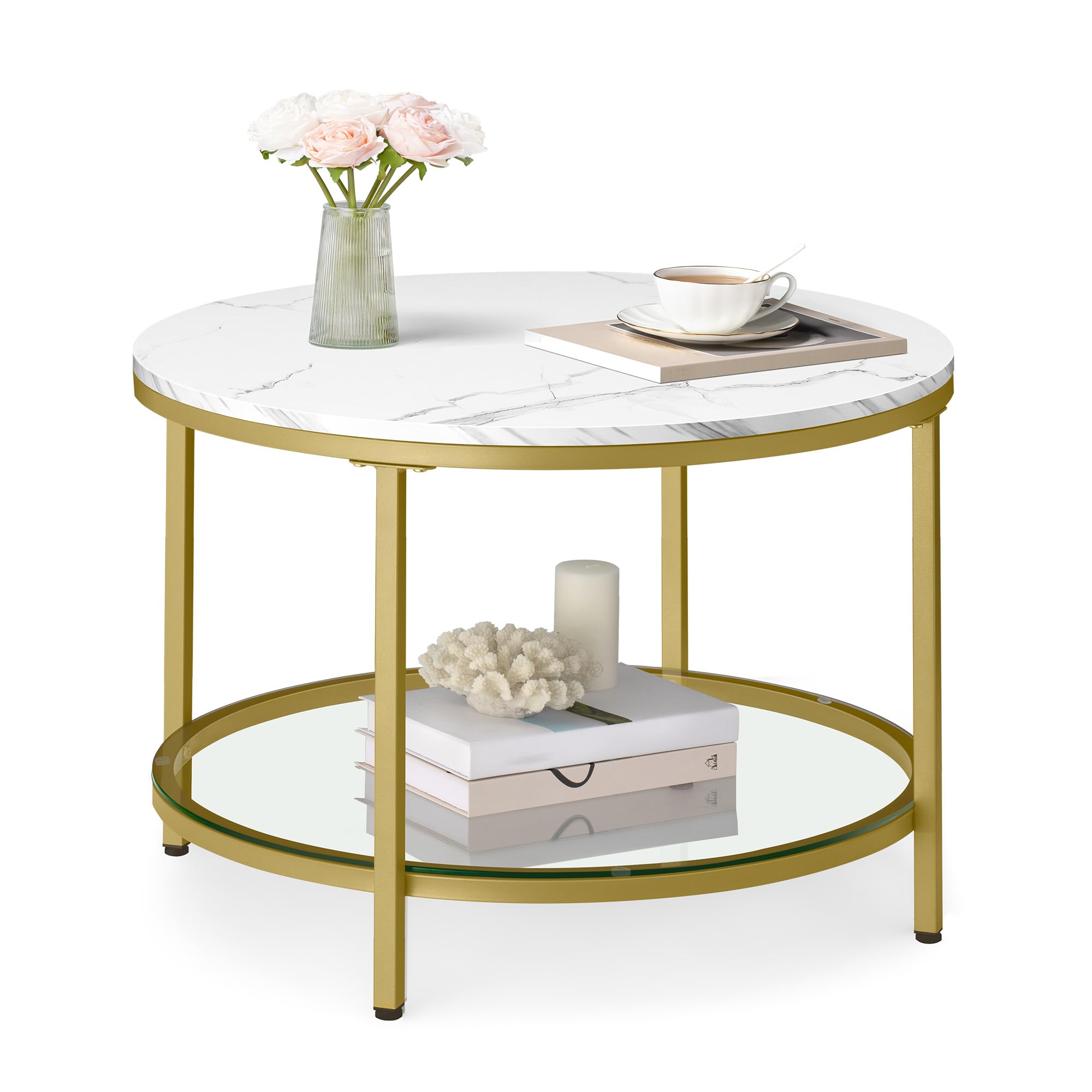 VASAGLE Round Coffee Table, Small Coffee Table with Faux Marble Top and Glass Storage Shelf, 2-Tier Circle Coffee Table, Modern 