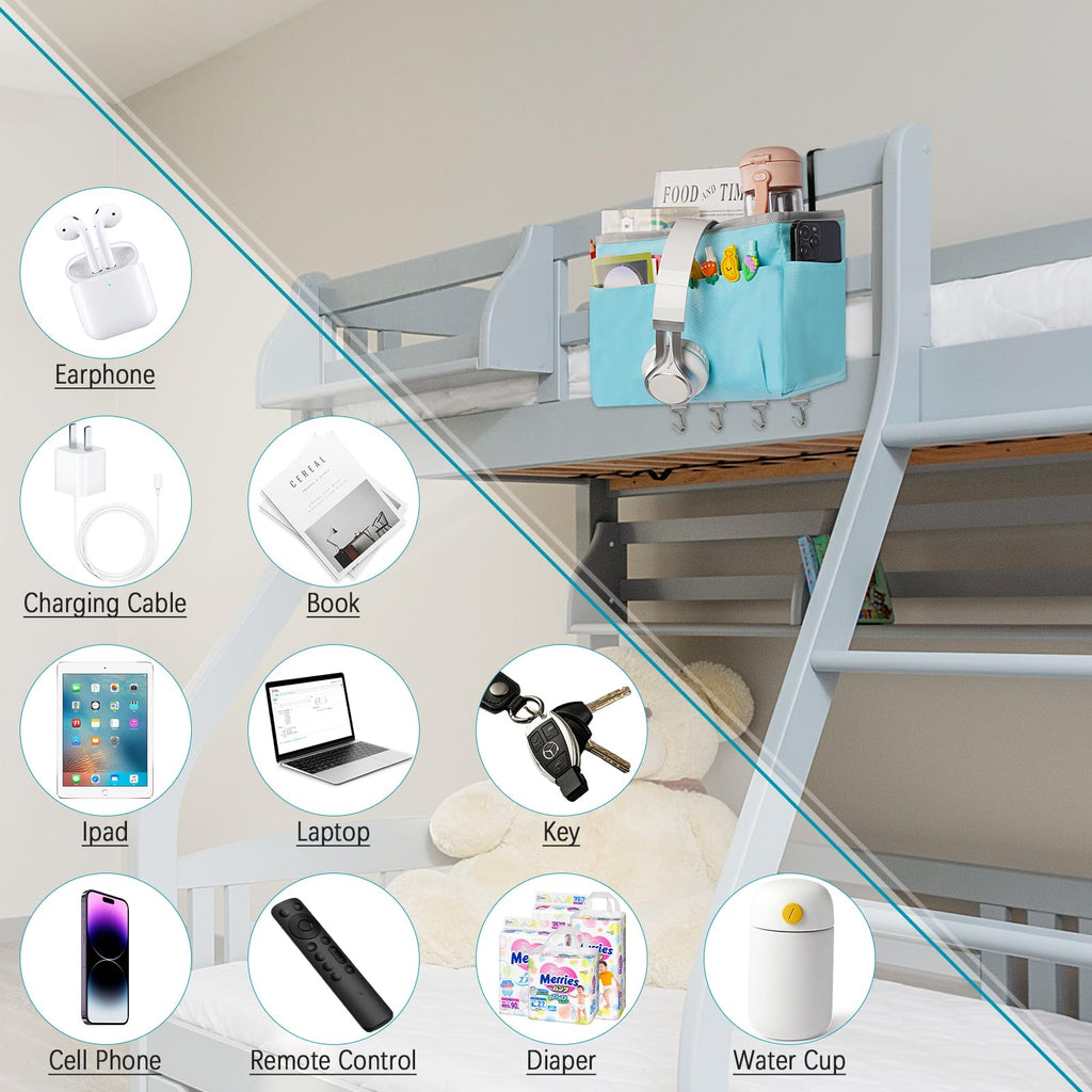 Frjjthchy Bedside Storage Organizer 5 Pockets With 4 Hooks Hanging Storage Bag For Headboards/Bunk Bed (Blue)