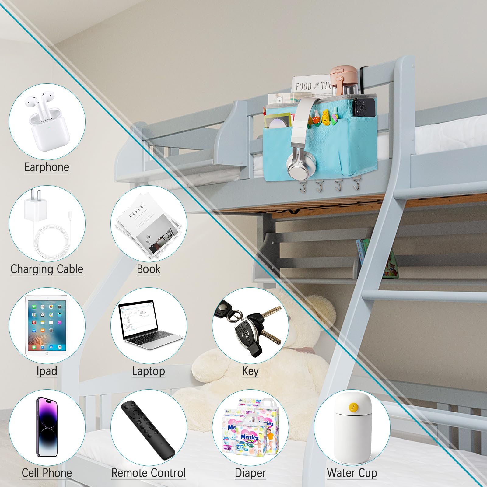 Frjjthchy Bedside Storage Organizer 5 Pockets With 4 Hooks Hanging Storage Bag For Headboards/Bunk Bed (Blue)